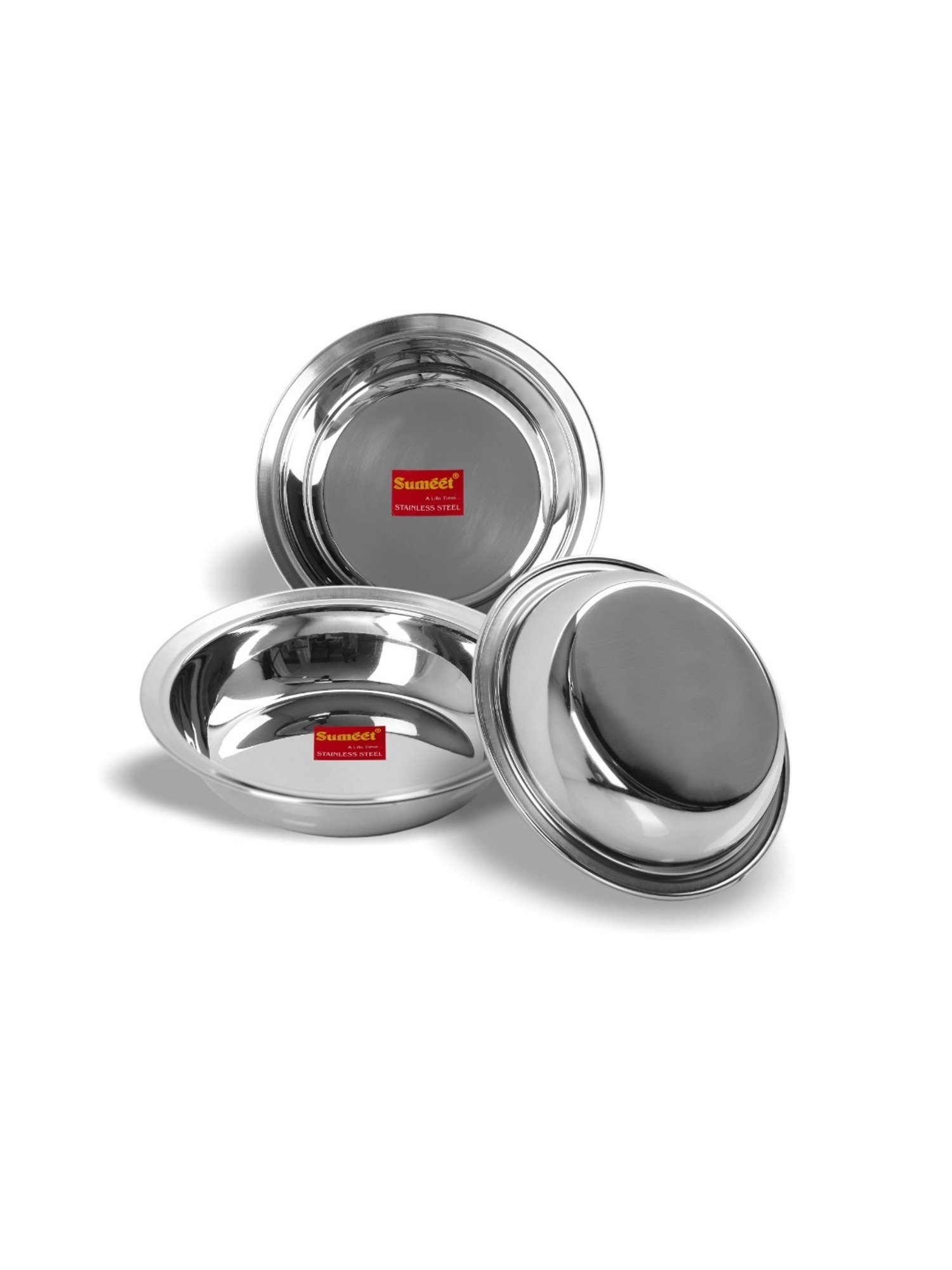Sumeet S.S. Heavy Gauge Multi Utility Serving Plates with Mirror Finish 19cm Dia-Set of 3pc