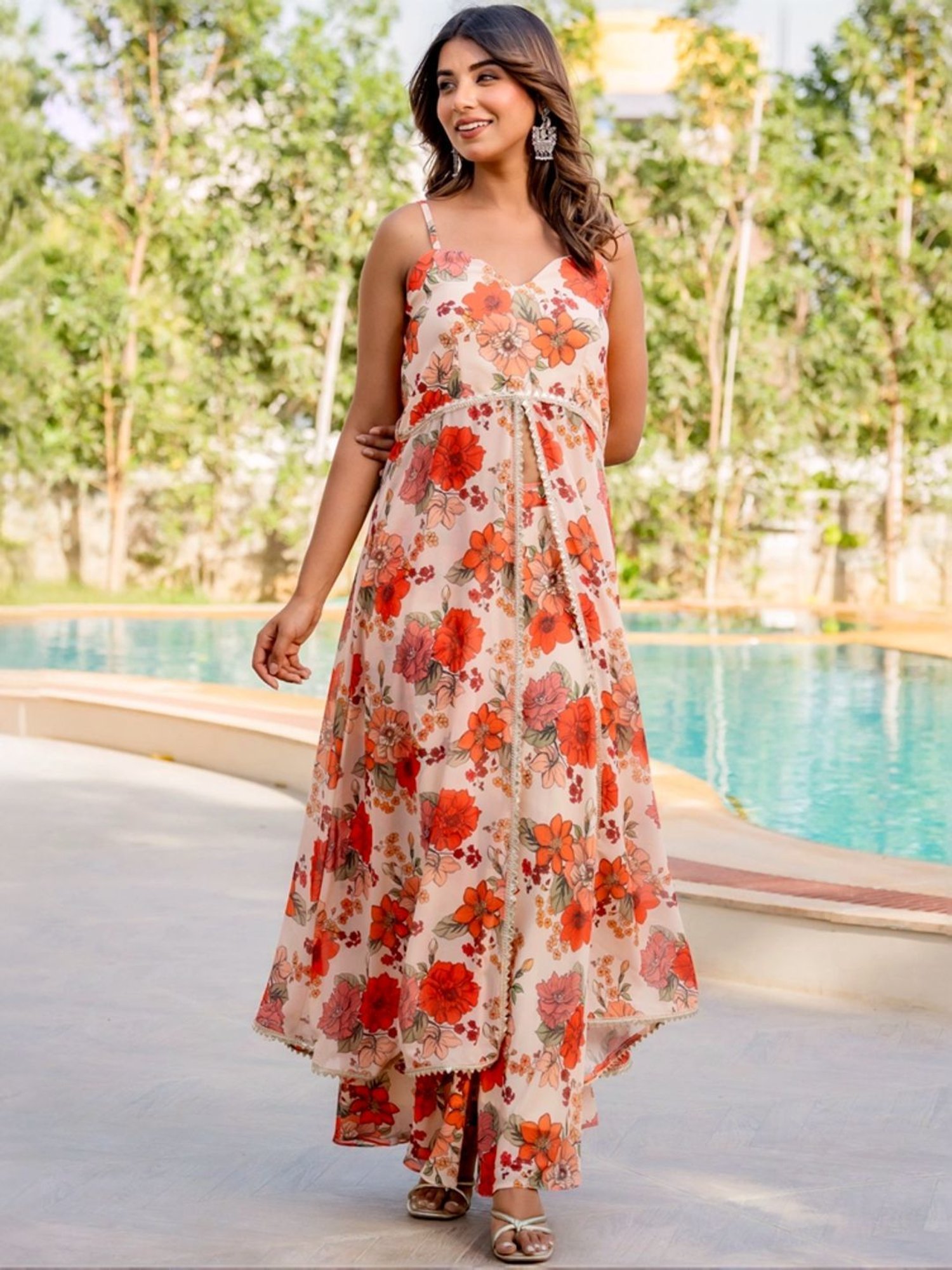 HOUSE OF JAMOTI Beige Printed Kurta Palazzo Set