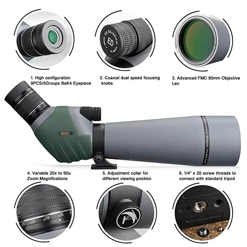 20-60x80 Dual Focusing ED Spotting Scope - Ultra High Definition Optics Scope with Carrying Case and Smartphone Adapter  Shooting Hunting Bird Watching Wildlife Astronomy Scenery
