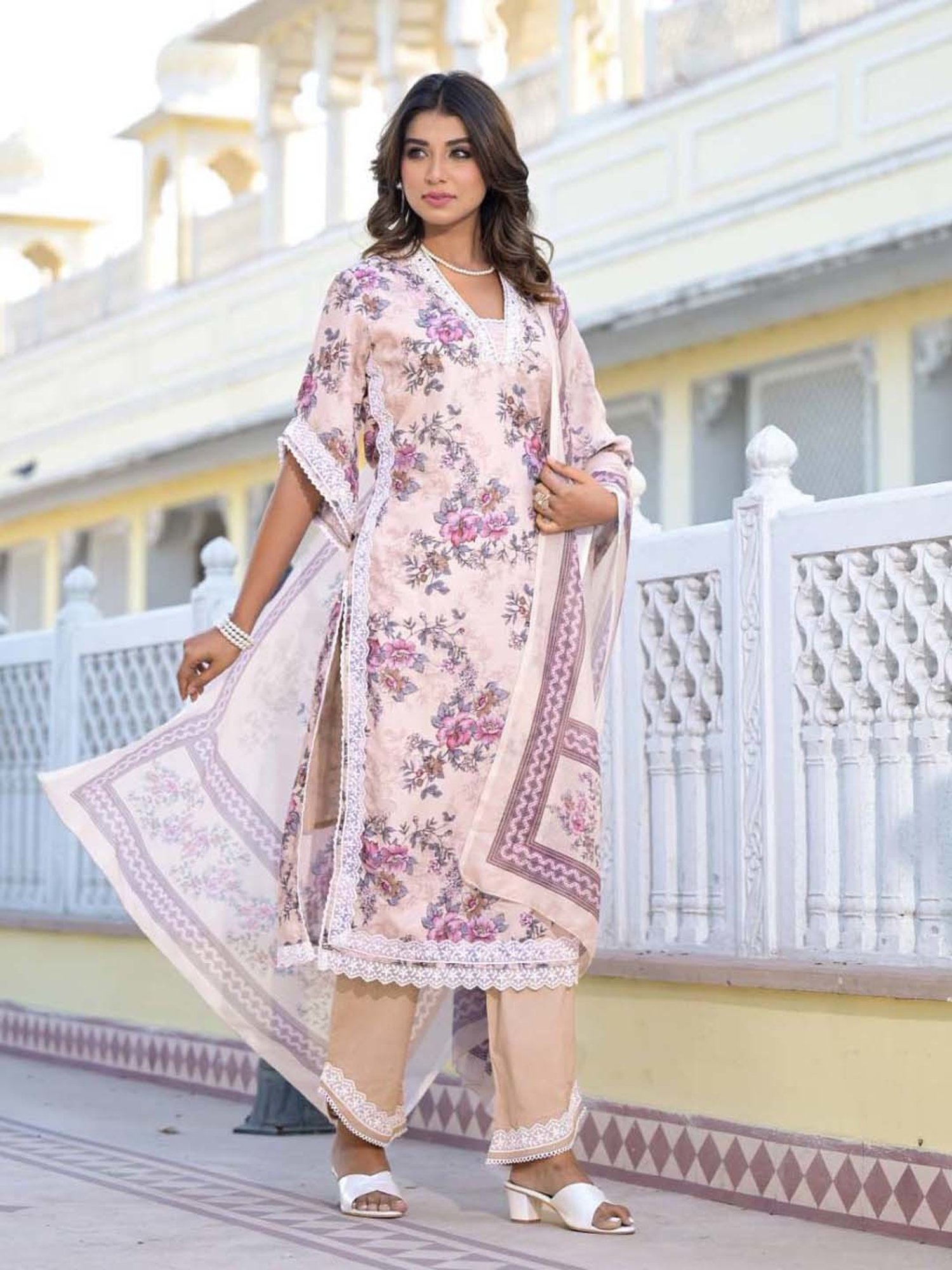 Varanga Beige Cotton Printed Kurta Palazzo Set With Dupatta