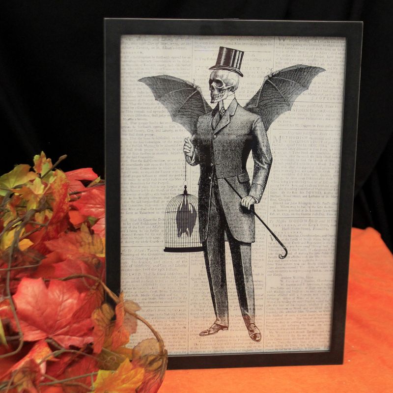 Home Decor 17.0" Vintage Skeleton Plaque Bat Wings Spider Bones  -  Wall Sign Panels