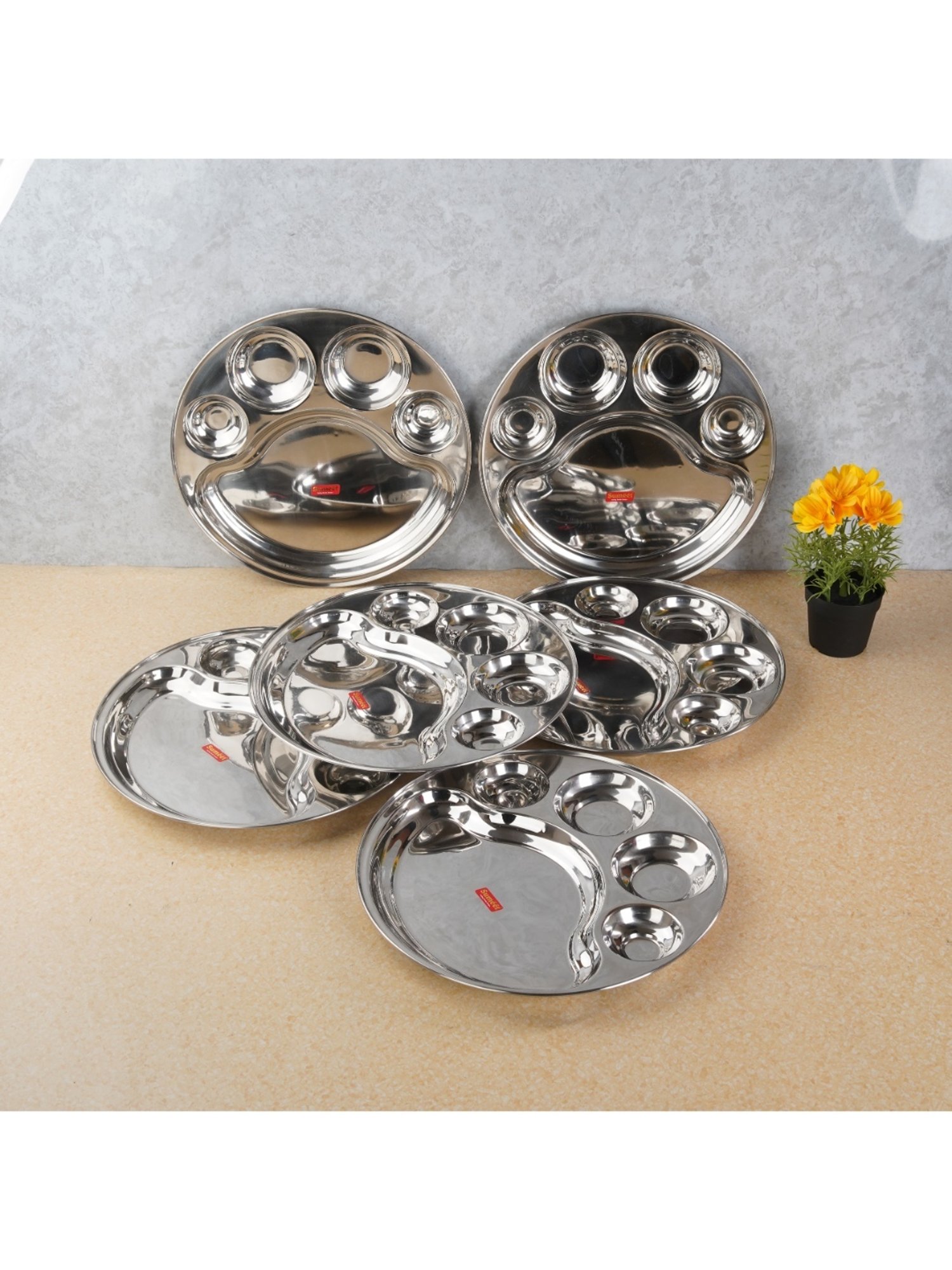 Sumeet Stainless Steel Round 5 in 1 Compartment Lunch / Dinner Plate Set of 6Pcs, 34cm Dia, Silver