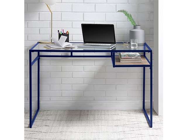 Metal & Glass Top Desk, Home Office Writing Desk, Makeup Table Desk Vanity for Home Decor,Blue,GT116