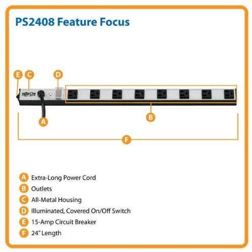 Tripp Lite 8 Outlet Bench & Cabinet Power Strip, 24 in. Length, 15ft Cord with 5-15P Plug, (PS2408)