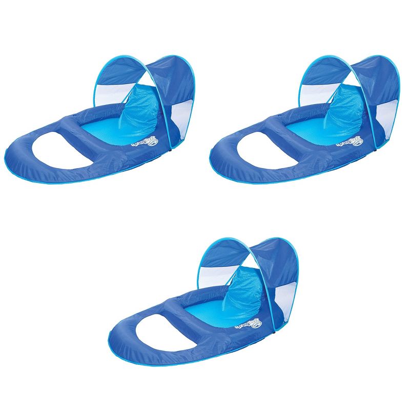 SwimWays 6060073 Spring Float Recliner with Canopy Comfortable Fabric Summertime Pool Lounge Seat with Cup Holder for Water Fun, Blue (3 Pack)