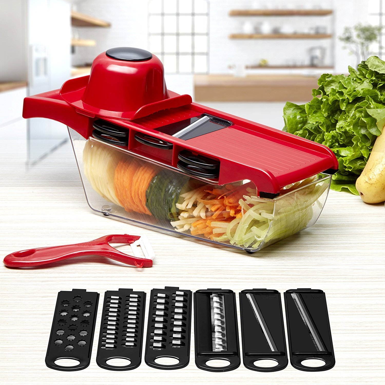 Vegetable Slicer Cutter Chopper Grater Julienne - 6 Interchangeable Blades, One Peeler, One Hand Protector, One Food Storage Container Multi-function Cutter for Fruit, Potato, Tomato, Onion, Cheese