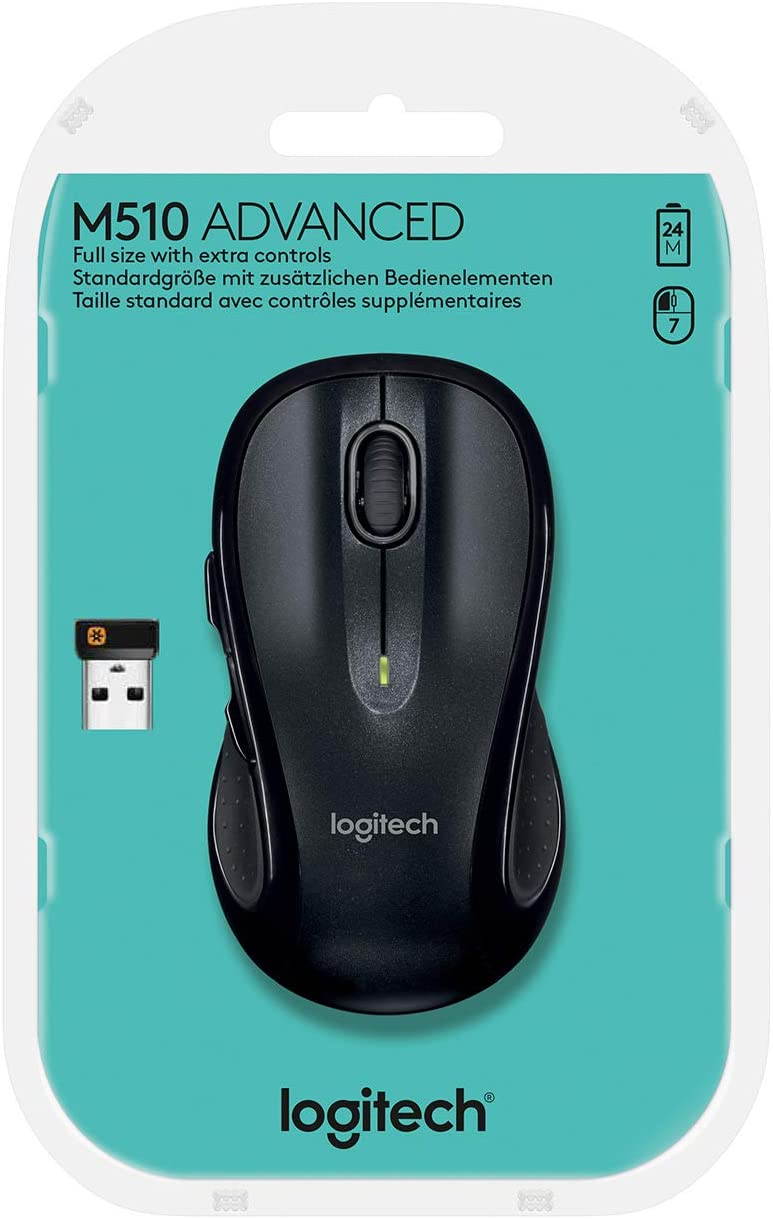Logitech M510 Wireless Computer Mouse &ndash; Comfortable Shape with USB Unifying Receiver, with Back/Forward Buttons and Side-to-Side Scrolling, Dark Gray