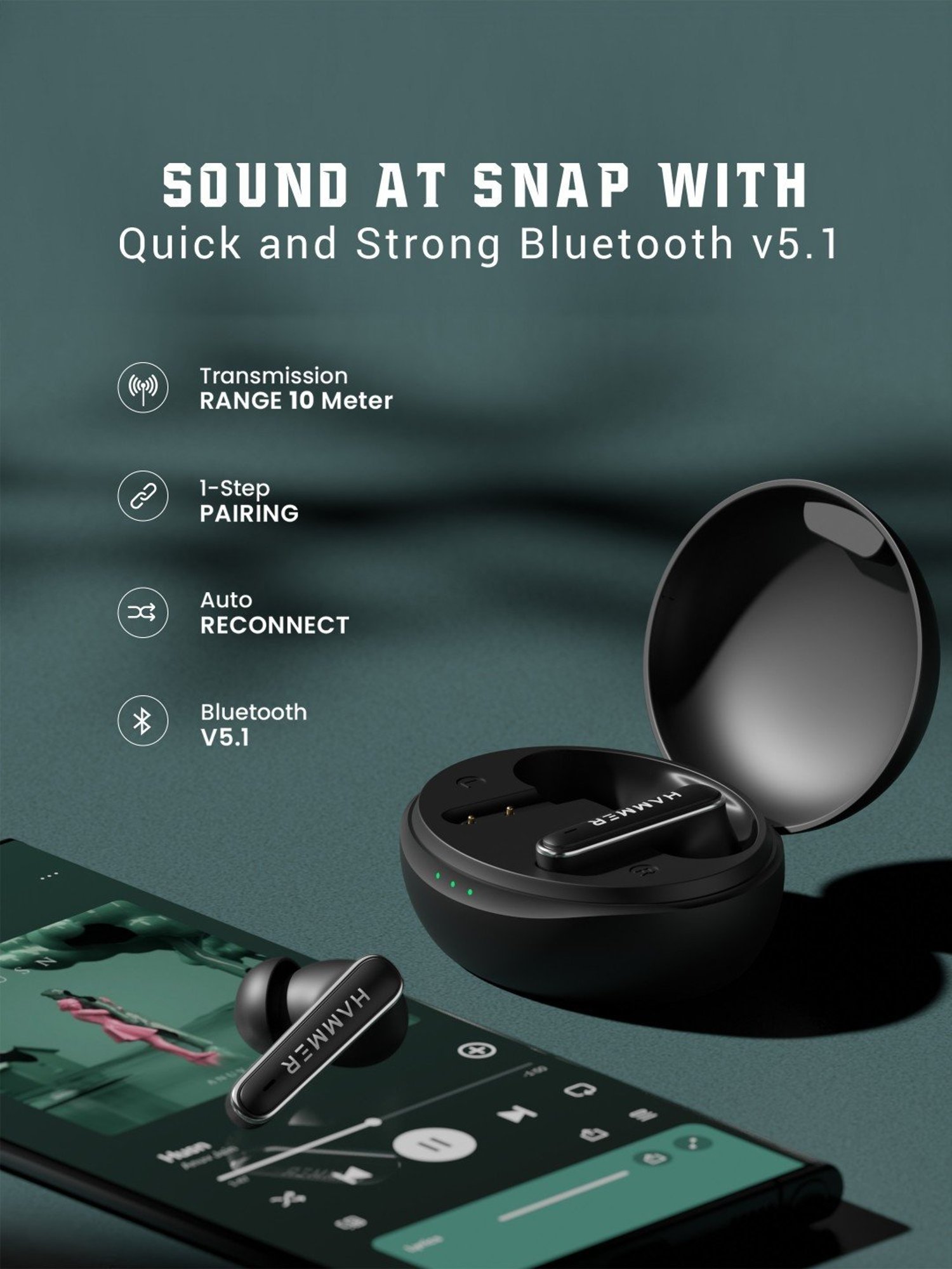 Hammer Airflow Lit in-Ear Earbuds with Upto 20H Playtime,Touch Controls (Black, True Wireless)