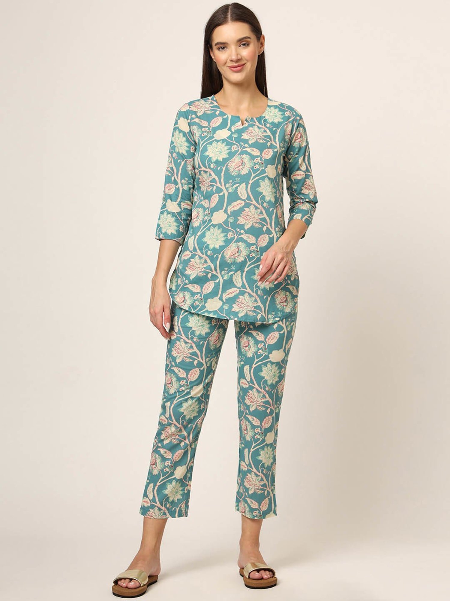 Divena Green Printed Top With Pyjamas