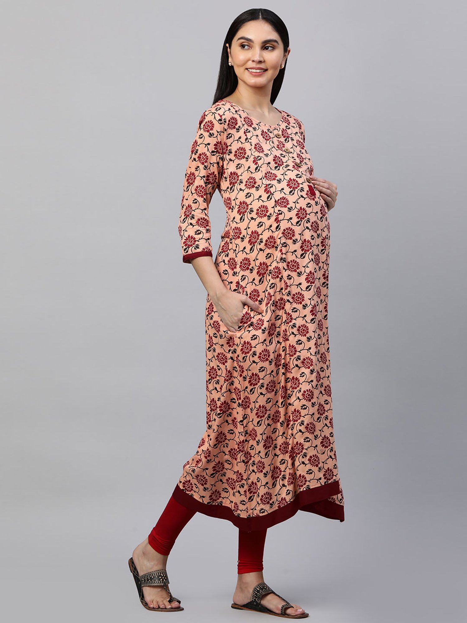 MomToBe Peach Floral Print Maternity Kurta