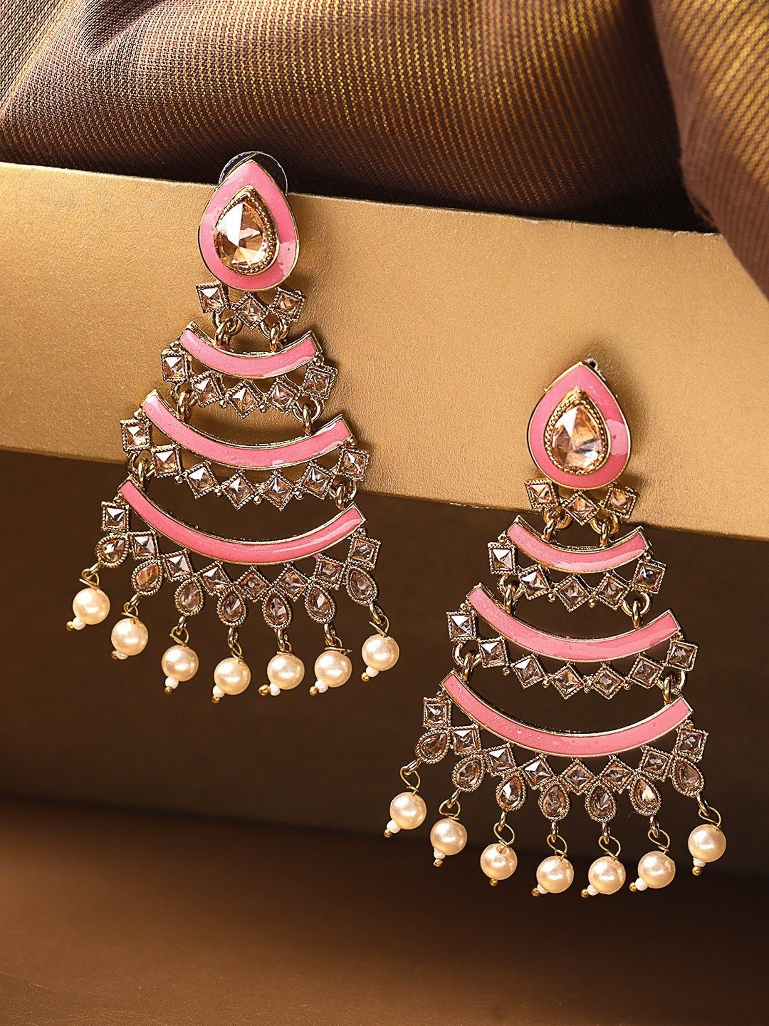 Priyaasi Gold-Plated Stones Studded Meenakari with Tasselled Pearls Chains Dangler Earrings