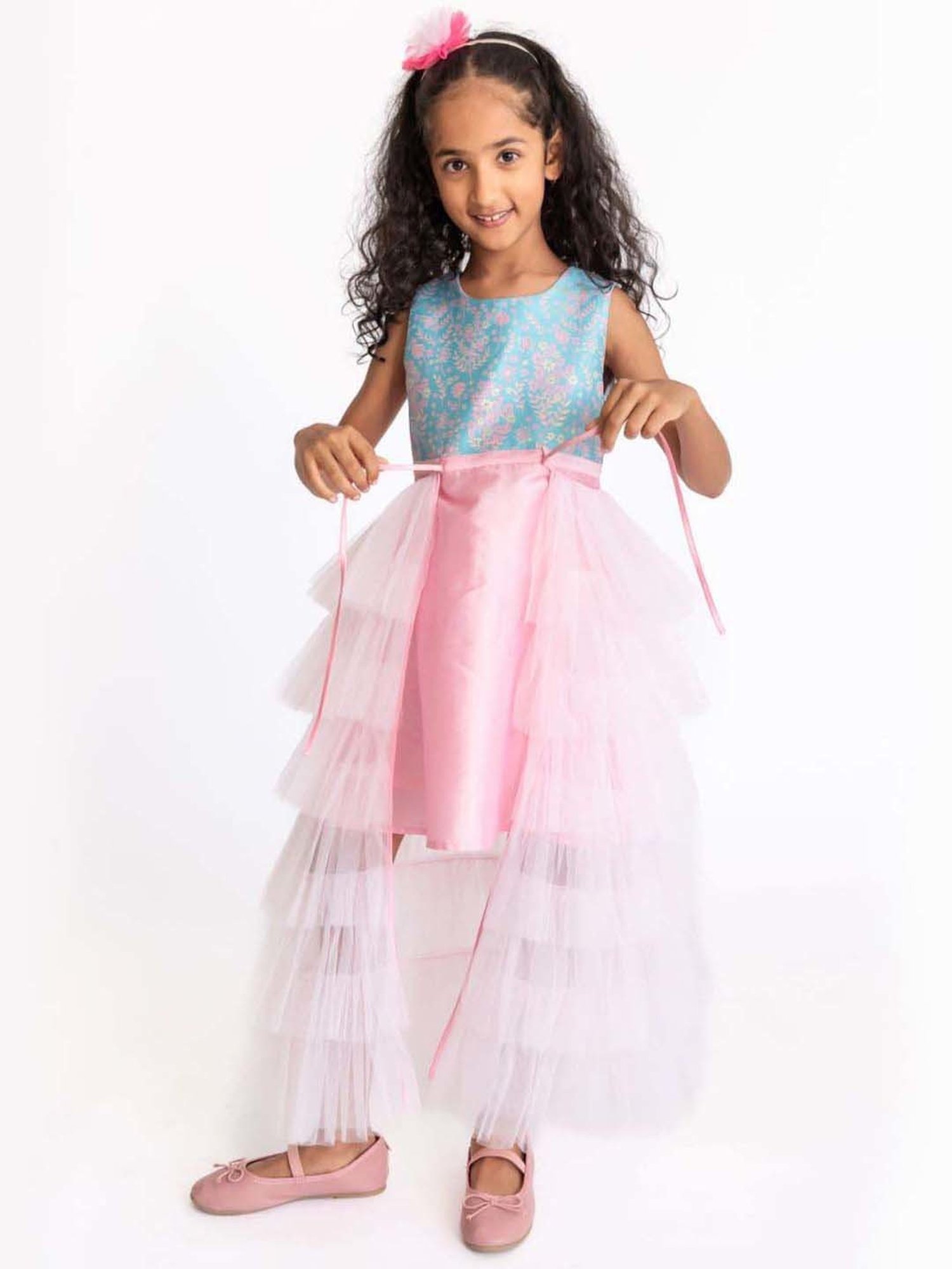 A Little Fable Blue & Pink Floral Print Gown