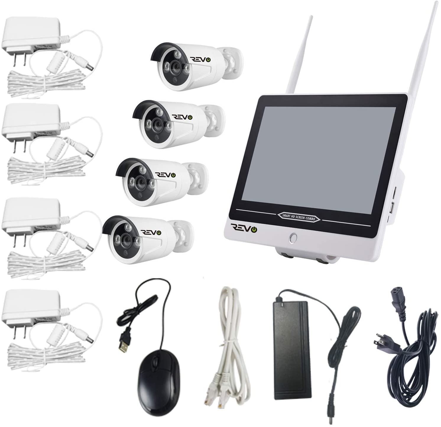 REVO America Wireless Security System 12'' Combo Unit, Built-In 4CH. 1TB HDD Wireless NVR, 4 x 1080P In/Outdoor Wireless Bullet Cameras - Remote Access Via Smart Phone, Tablet and Pc RW41CMB12B4G-1T