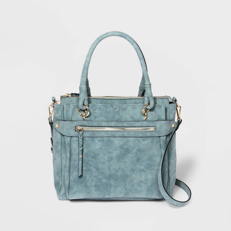 VR NYC Magnetic Closure Denim Woven Handle Satchel Handbag - Blue