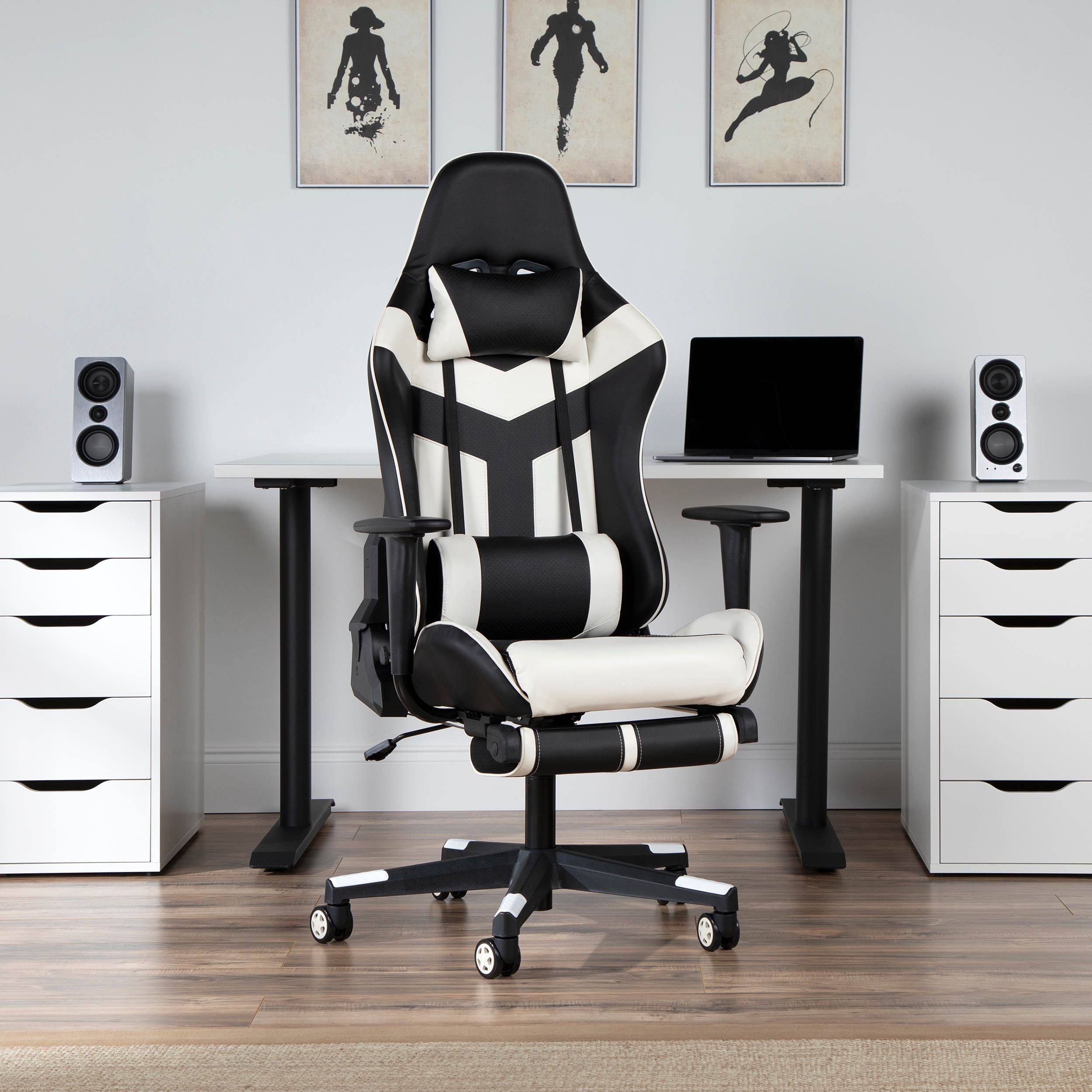 Essentials Collection High Back PU Leather Gaming Chair, with Extendable Footrest, in White (ESS-6075FR-WHT)
