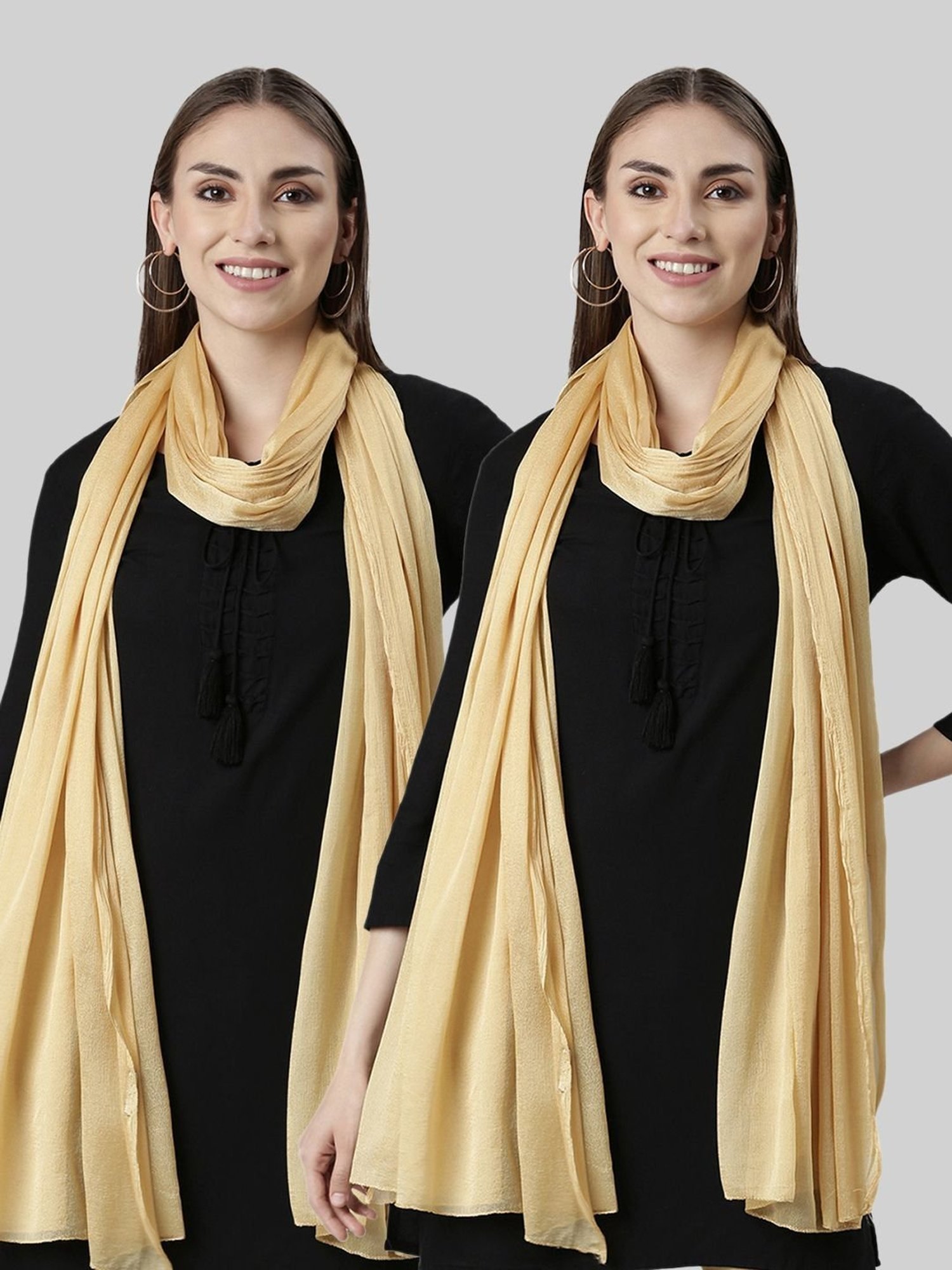 TWIN BIRDS Golden Plain Dupatta - Pack Of 2