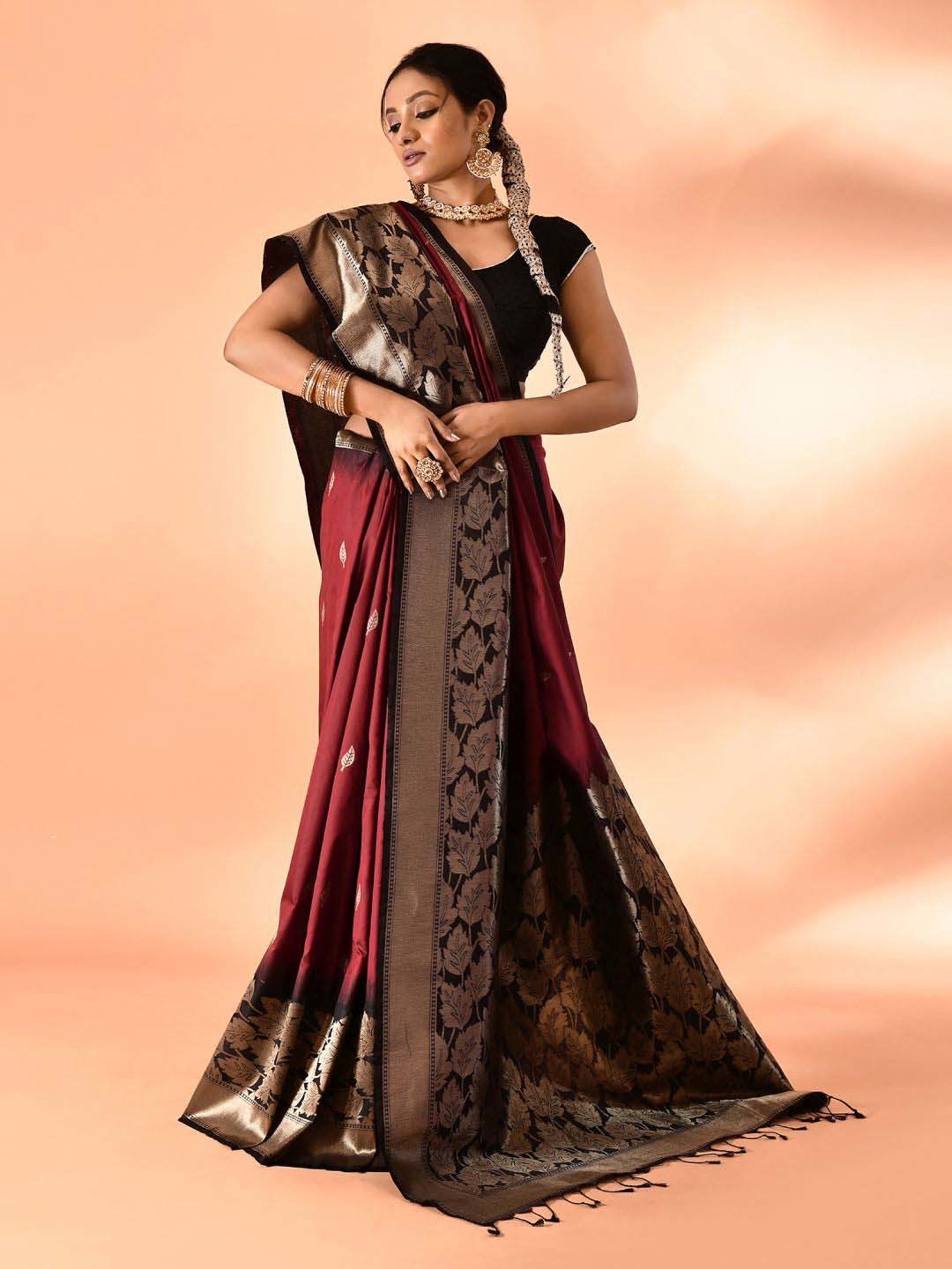 Elora Maroon Silk Woven Saree With Unstitched Blouse