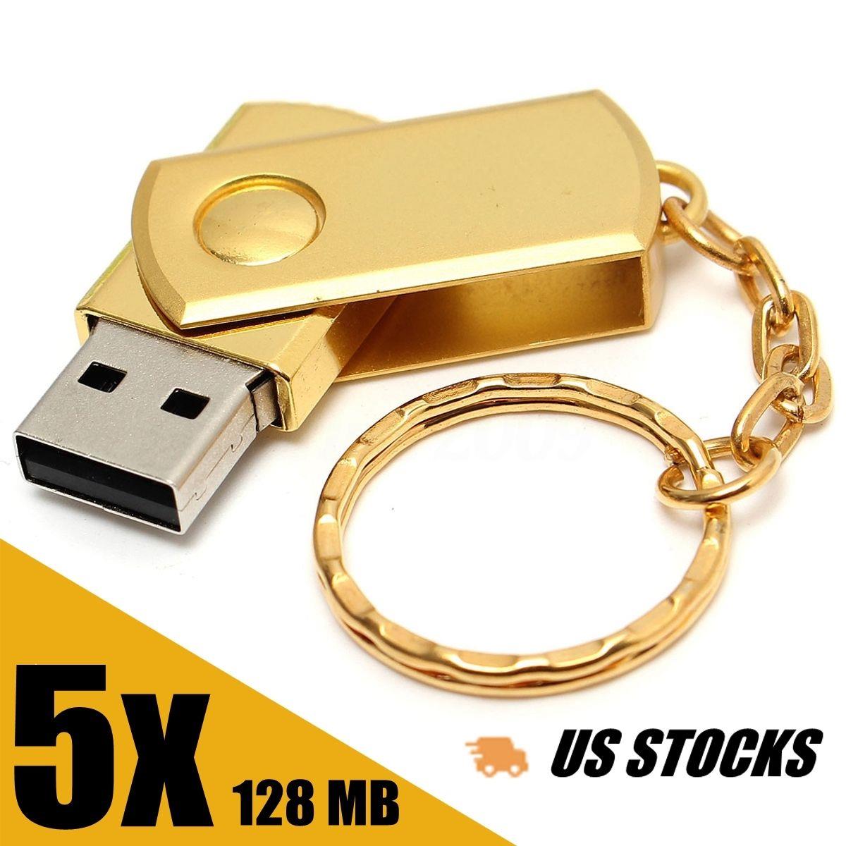 5 Pcs 128MB USB 2.0 Gold Metal Swivel Flash Memory Stick Storage Thumb Pen Drive