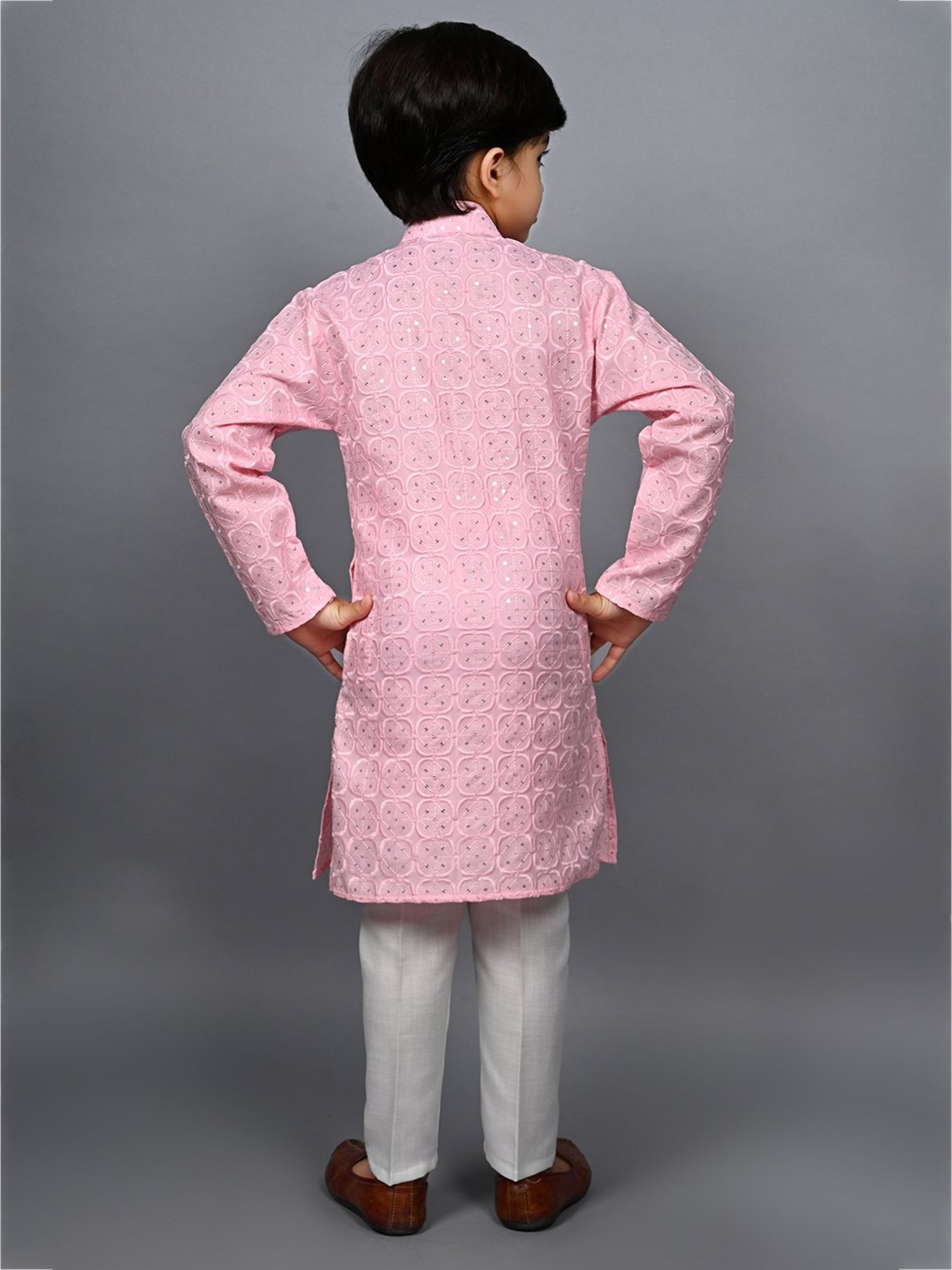 Ahhaaaa Kids Light Pink & White Embellished Full Sleeves Kurta With Pyjamas
