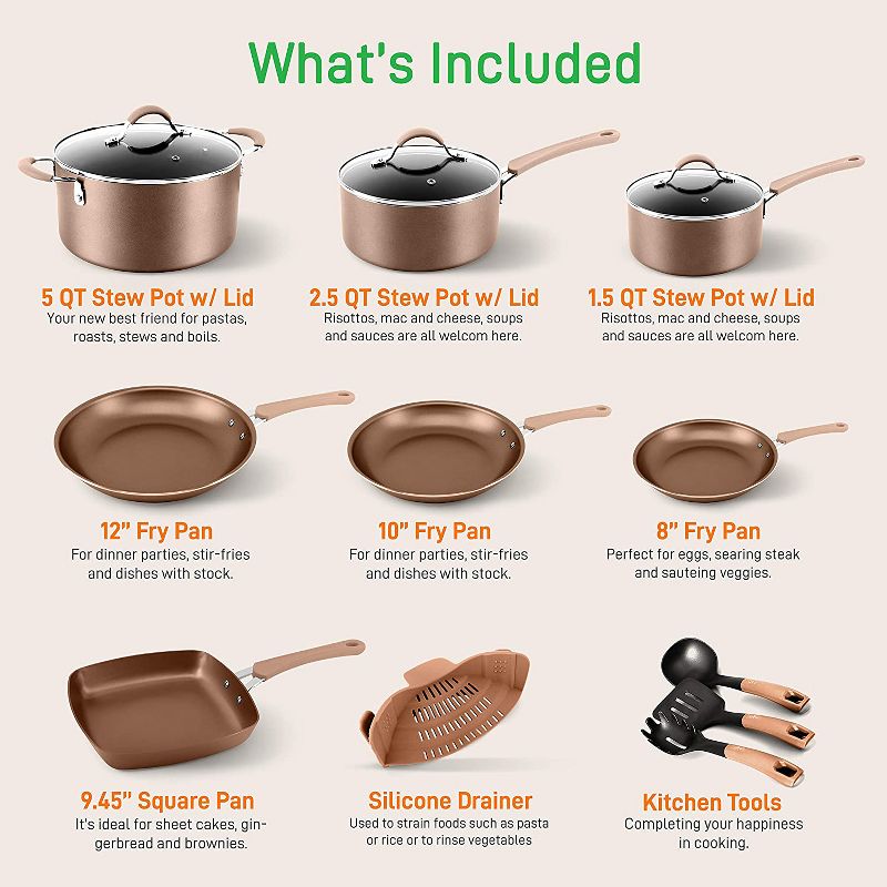NutriChef Metallic Nonstick Ceramic Cooking Kitchen Cookware Pots and Pan Baking Set with Lids and Utensils, 20 Piece Set, Bronze