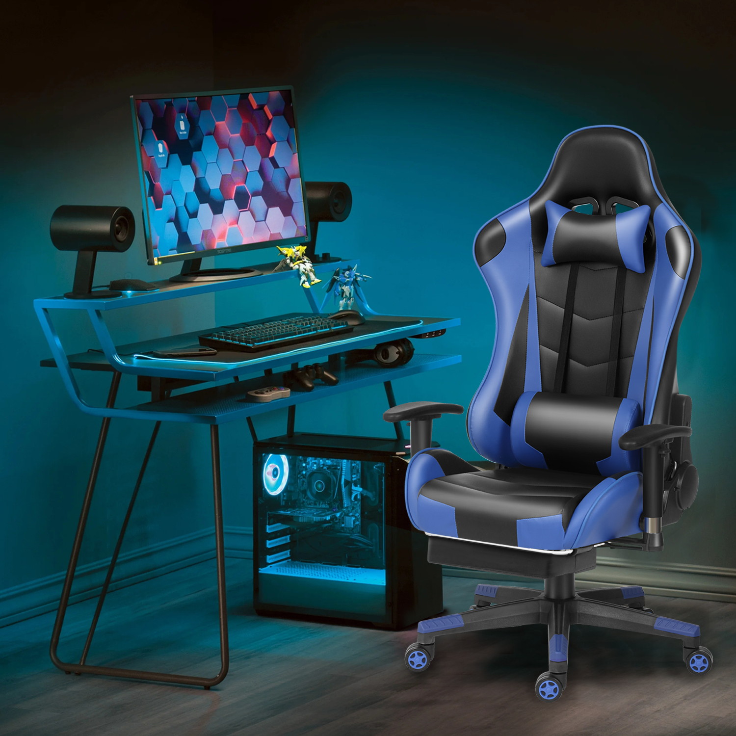 Labradores Gaming Chair Office Chair PC Chair with Massage Lumbar Support, Racing Style PU Leather High Back Adjustable Swivel Task Chair with Footrest (Black&Red)