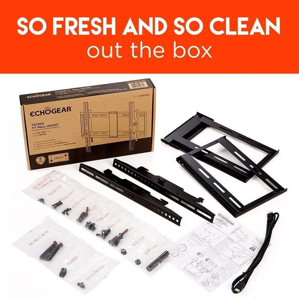 ECHOGEAR Tilting TV Wall Mount with Low Profile Design for 32-70 inch TVs - Eliminates Screen Glare with 15 Degrees of Smooth Tilt - Easy Install with All Hardware Included - EGLT1-BK