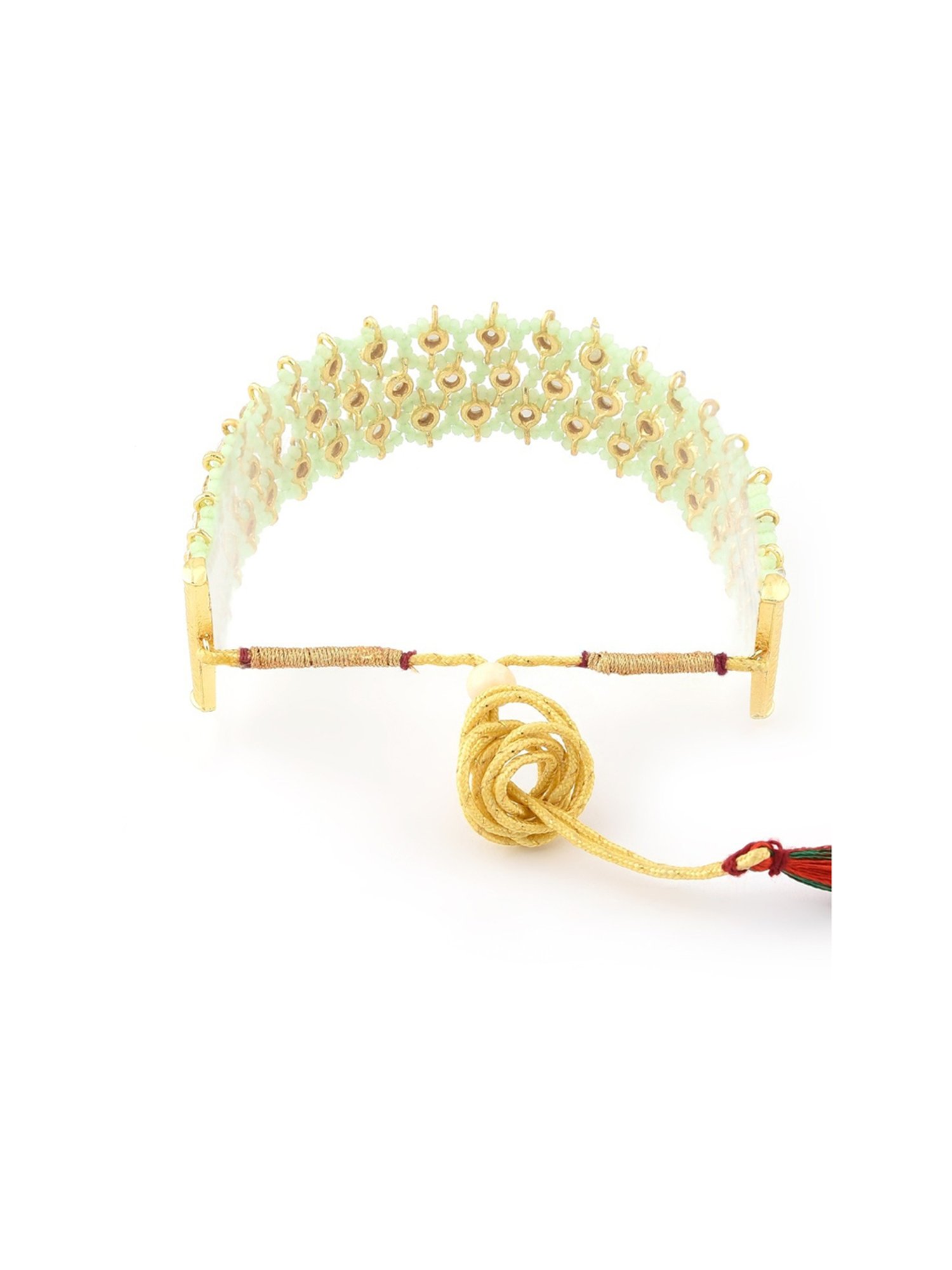 Zaveri Pearls Green Crystal Beads & Kundan Woven Necklace, Earring & Ring Set