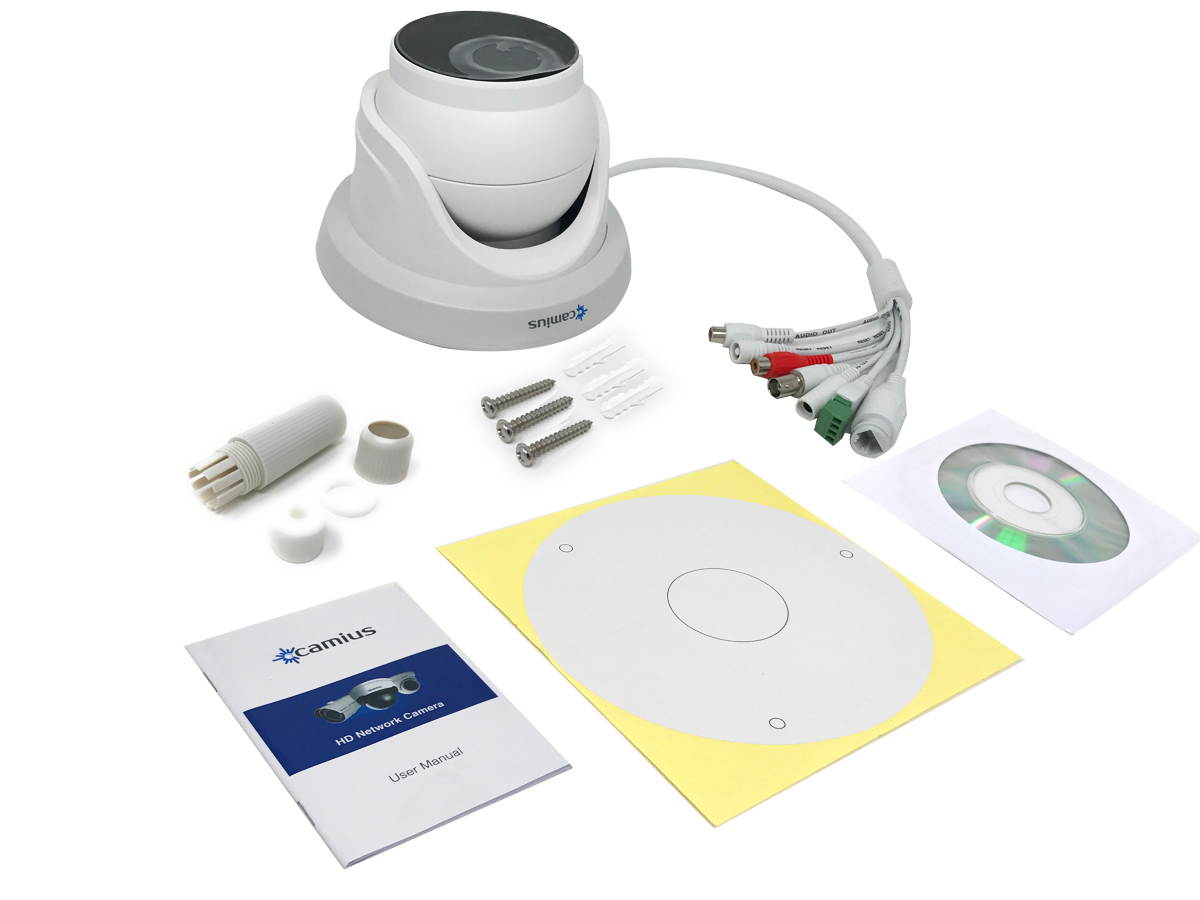 Camius GuardMA 4MP IP Dome Security Camera, microSD storage, Motorized varifocal 2.8~12mm lens, H.264/H.265, Night Vision, PoE, Onvif, Audio/Alarm/BNC cables, Reset, DDNS, RTSP, FTP/Dropbox