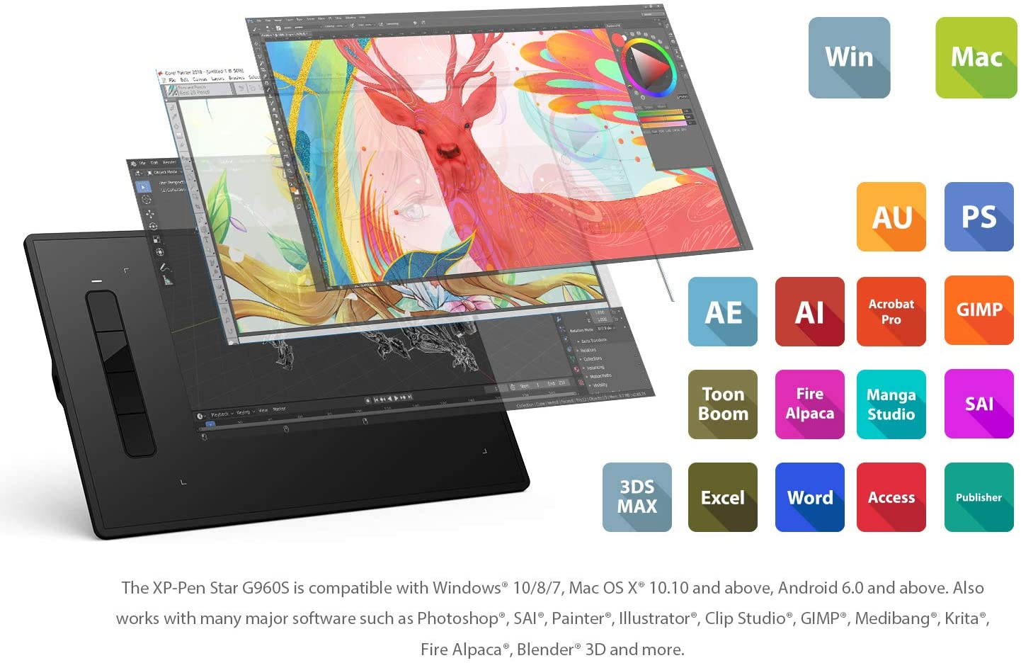 XP-PEN Star G960S Graphics Drawing Tablet 9 x 6 inch with 8192 Levels Pressure Sensitivity Tilt Support Passive Pen 4 Shortcut Keys