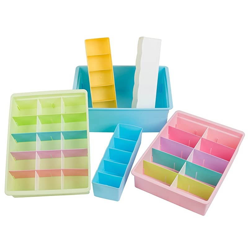Adjustable Drawer Organizers (6 Set) with Customizable Dividers in Stackable Durable Plastic for Underwear Crafts Baby Clothes Office Bathroom & Under Sink Storage (Multicolor)