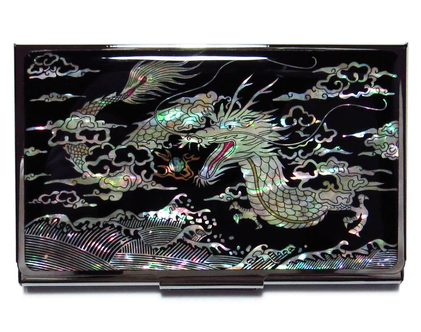 Dragon Black Business Credit Card Case Id Holder Metal Travel Wallet Mother of Pearl