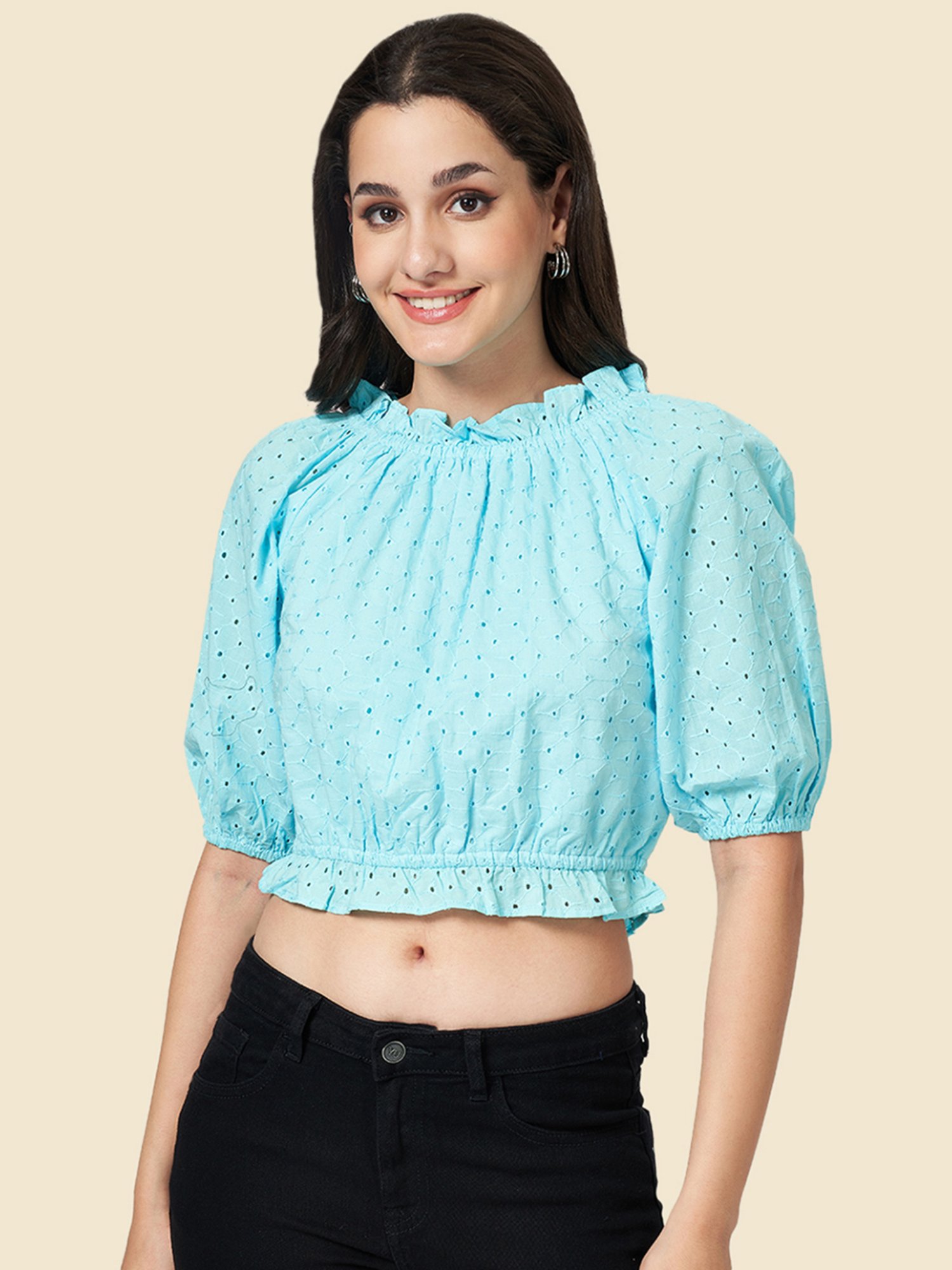 YU by Pantaloons Aqua Blue Cotton Self Pattern Crop Top
