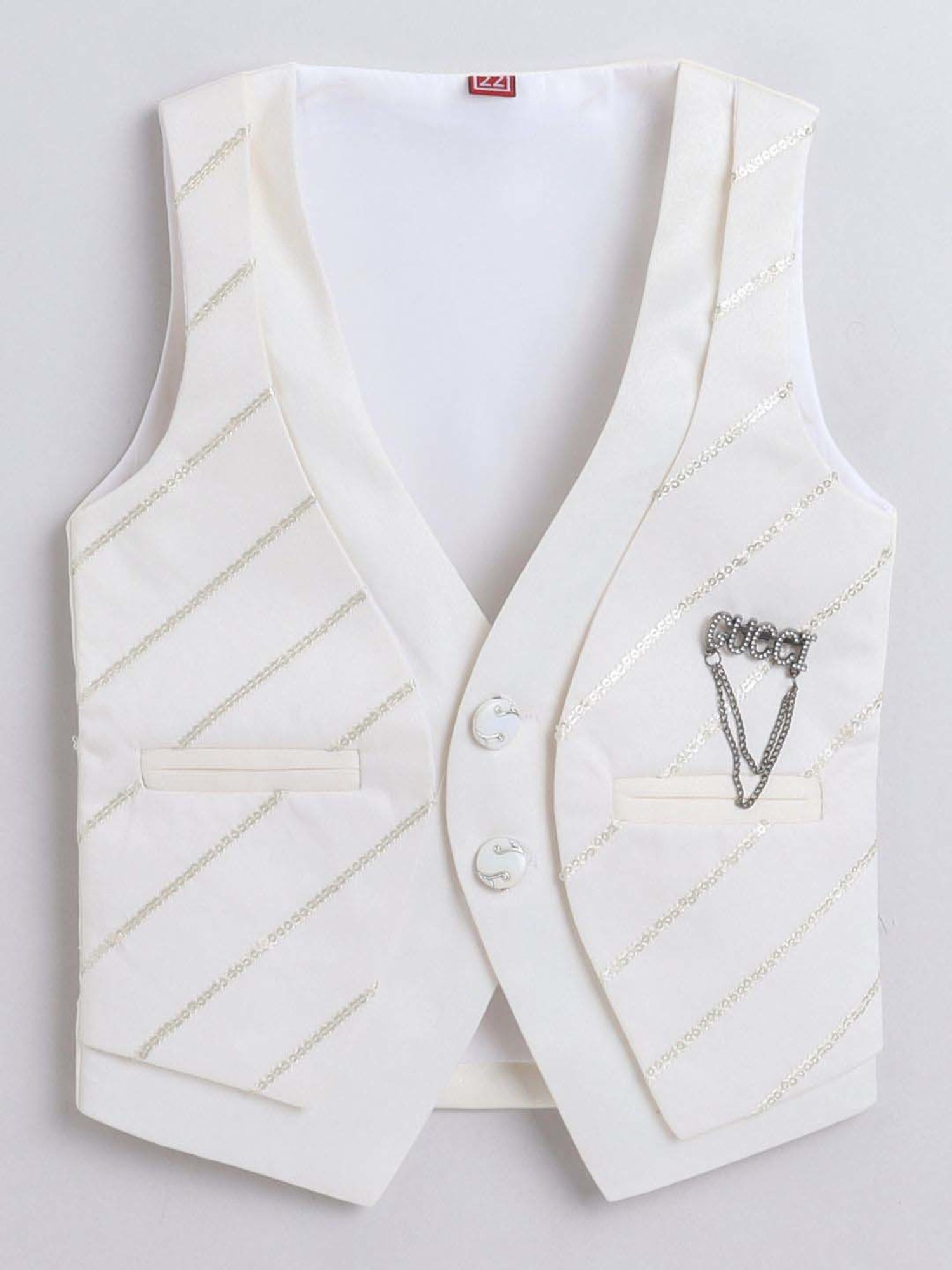 Fourfolds Boys Cream Solid Full Sleeves Clothing Set