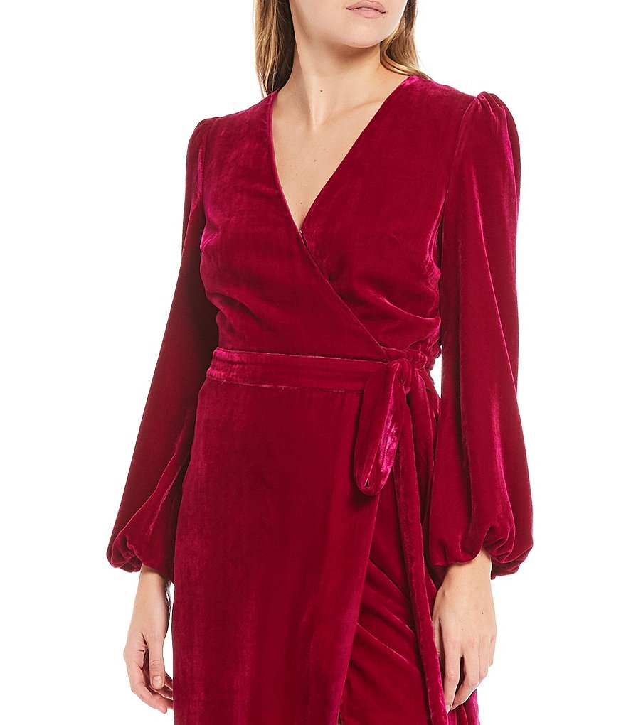 Harlyn Velvet Long Sleeve Puff Shoulder Tie Waist Midi Wrap Dress