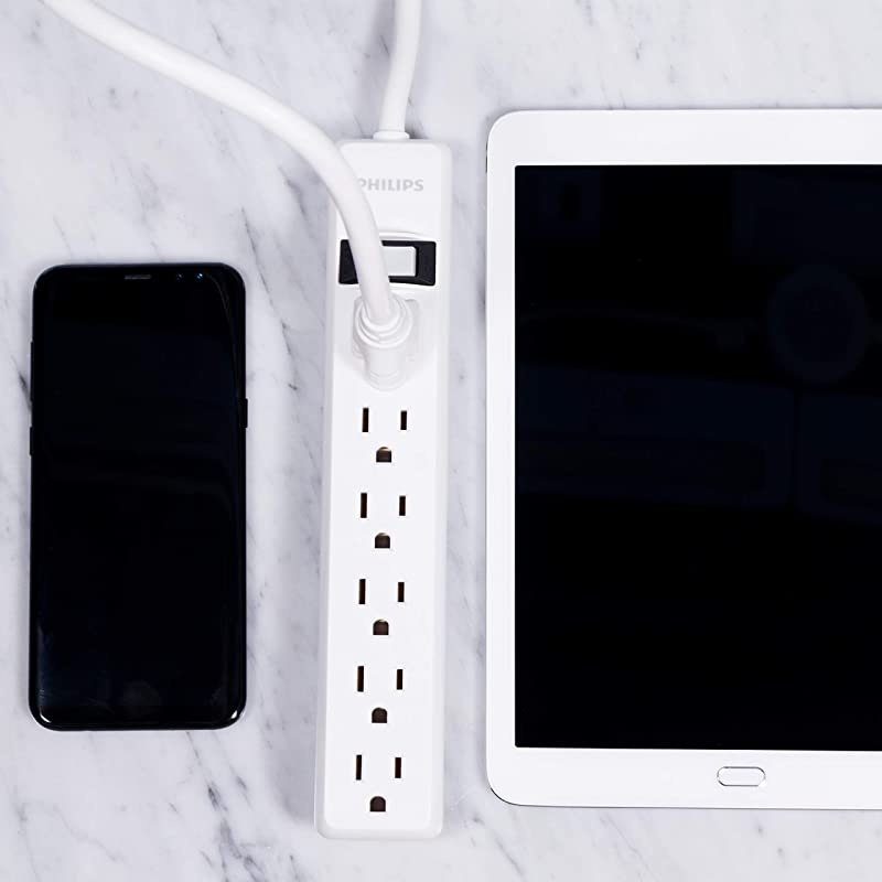 6 Outlet Power Strip Surge Protector 2ft Power Cord Straight Plug Wall Mount 450 Joules UL Listed Circuit Breaker Automatic Shutdown White SPP3063WP37