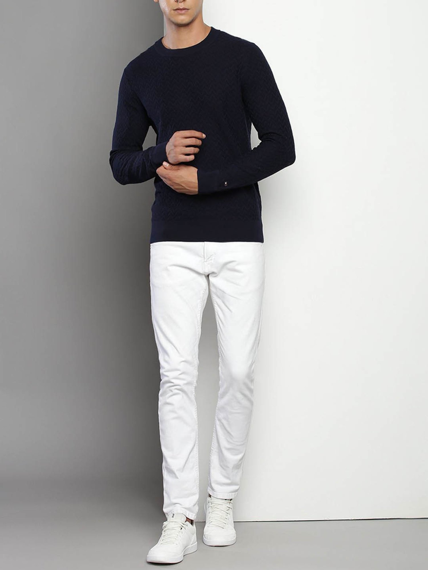 Tommy Hilfiger Navy Cotton Regular Fit Self Pattern Sweater