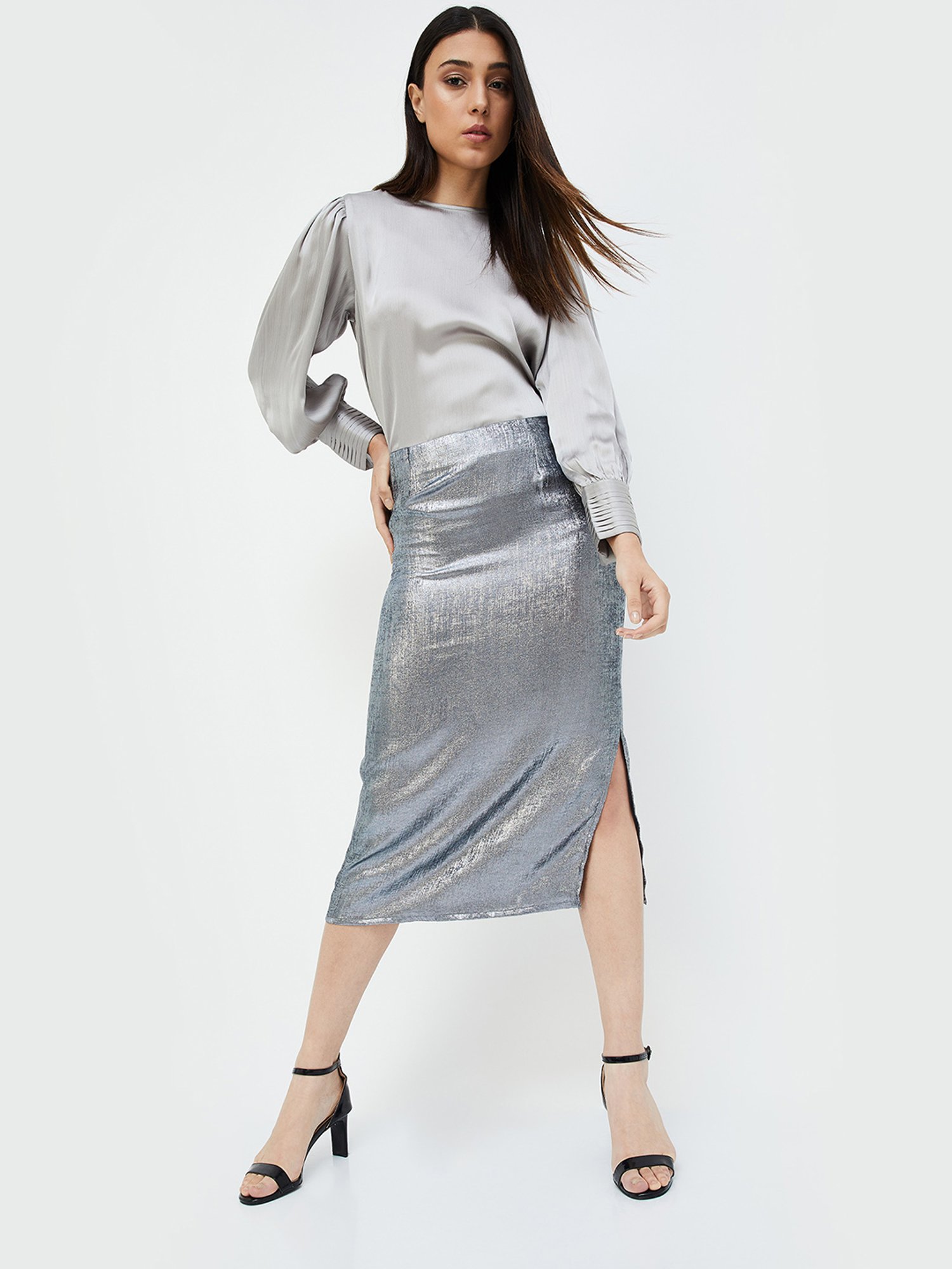 Code by Lifestyle Silver Midi Skirt