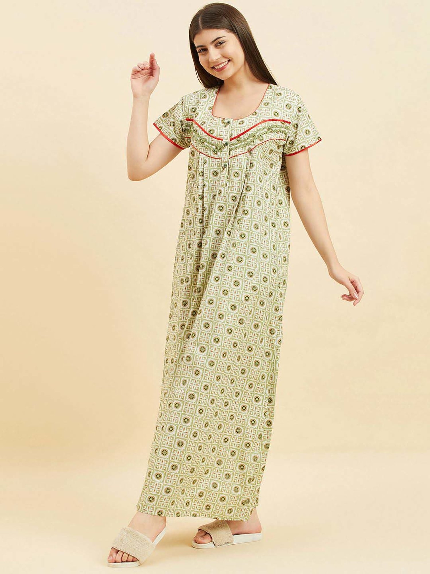Sweet Dreams Pista Green Cotton Printed Night Gown