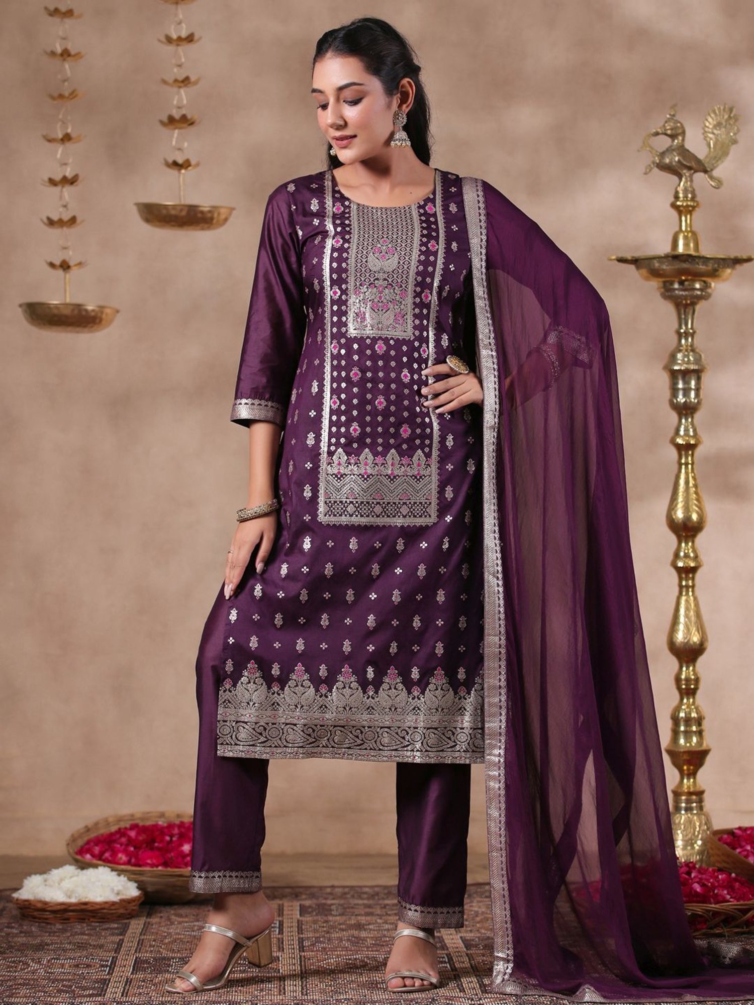 Ishin Purple Woven Pattern Kurta Pant Set With Dupatta