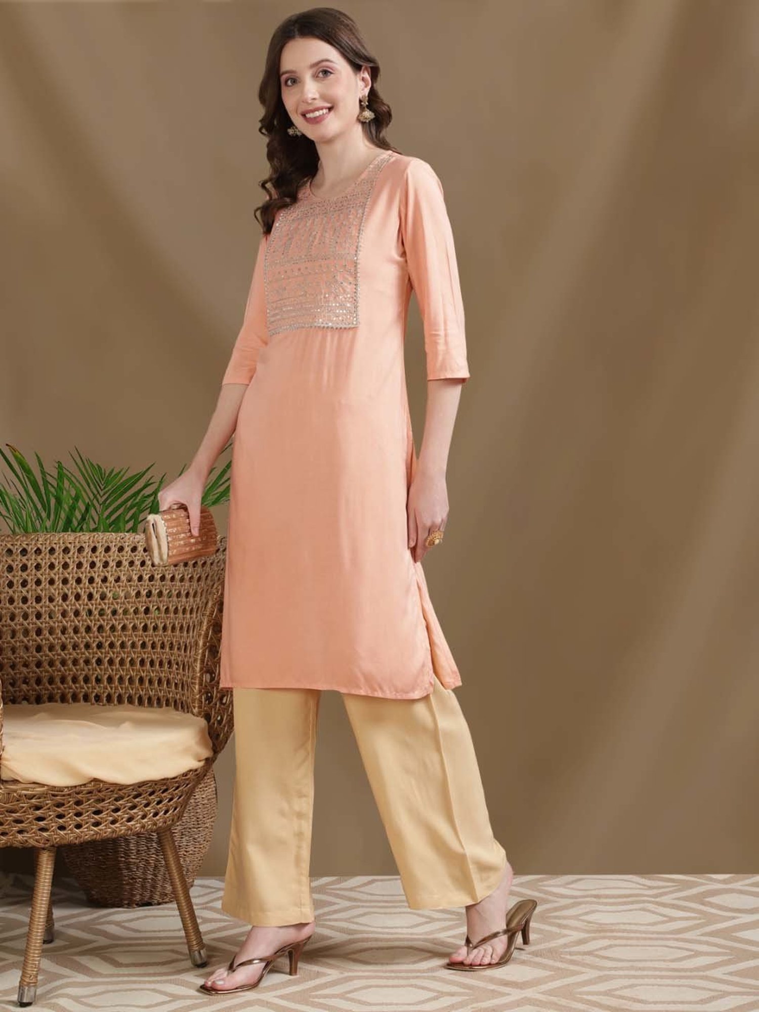 Rangita Peach & Off-White Embroidered Kurta Pant Set