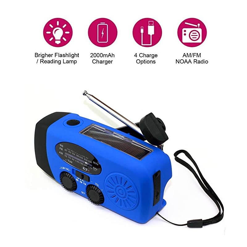 Upgrade  Emergency Solar Hand Crank Dynamo NOAA WB AMFM Radio Hurricane Camping Survive Kit with 3LED Flashlight 1000mAh Power Bank 088FS Blue