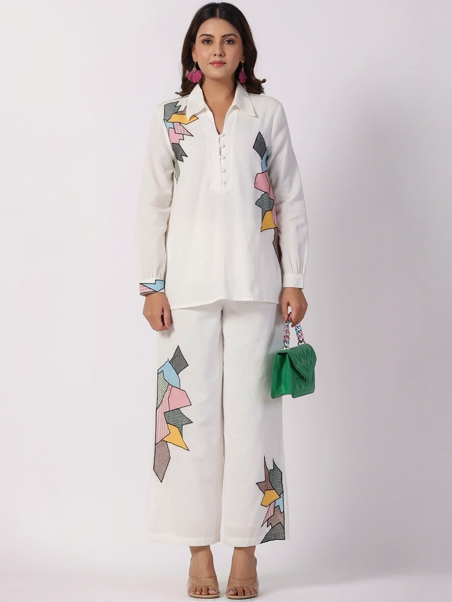 Zolo Label White Cotton Embroidered Top Palazzo Set