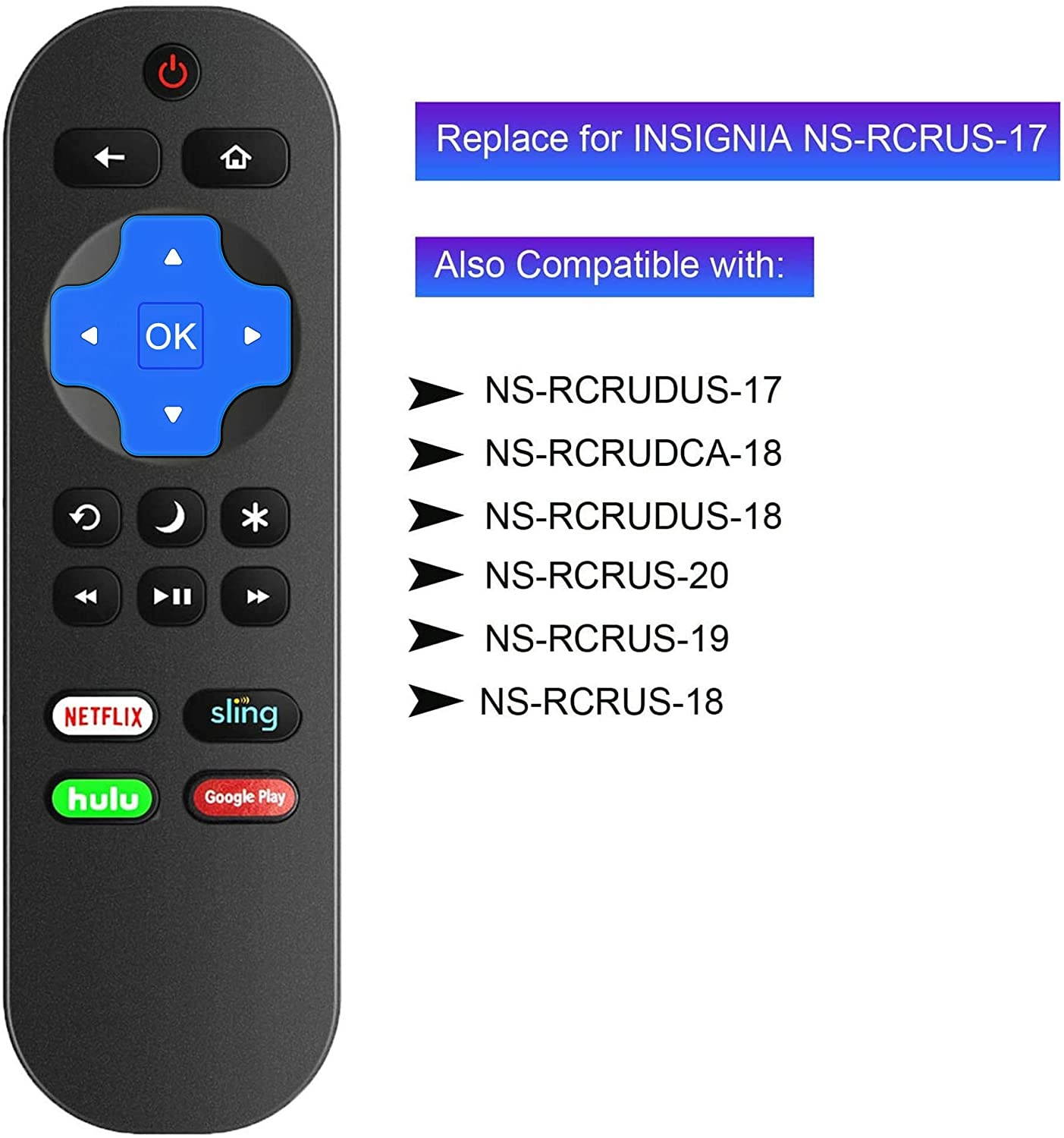 Motiexic NS-RCRUS-17 Remote Control Compatible with Insignia Roku TV NS-32DR420NA16 NS-32DR420NA16A NS-32DR420NA16B NS-40DR420NA16 NS-40DR420NA16B NS43DR710NA17 NS-43DR710NA17 NS-48DR420NA16