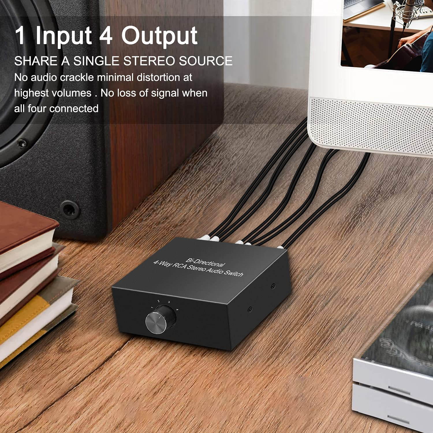 4-Way Stereo L/R Sound Channel Bi-Directional Audio Switcher, 1 in 4 Out or 4 in 1 Out, L/R Sound Channel Audio Switch Splitter RCA Stereo Switch Selector for DVD Stereo Speaker CD Player