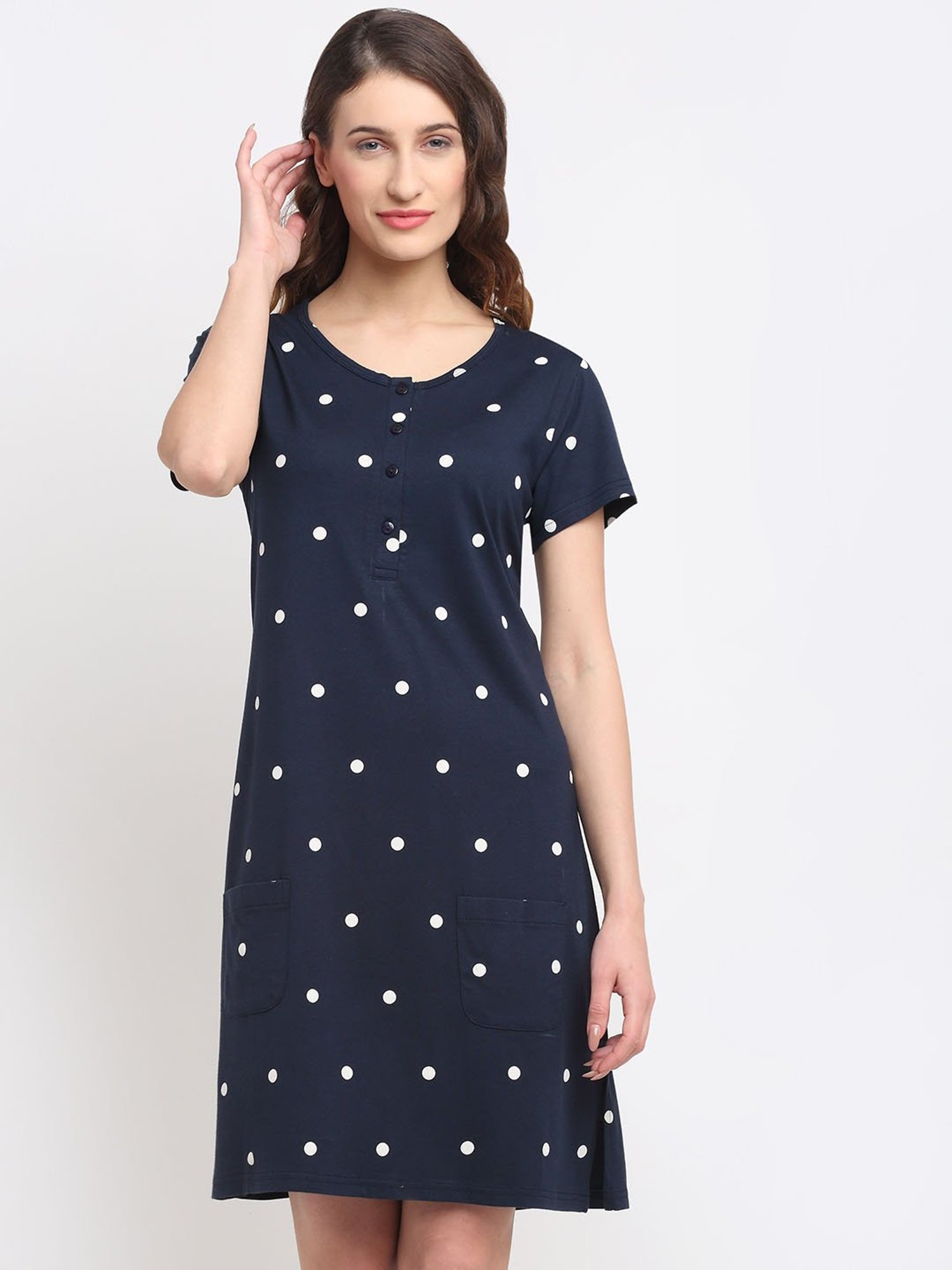 Kanvin Navy Blue Polka Dot Night Dress