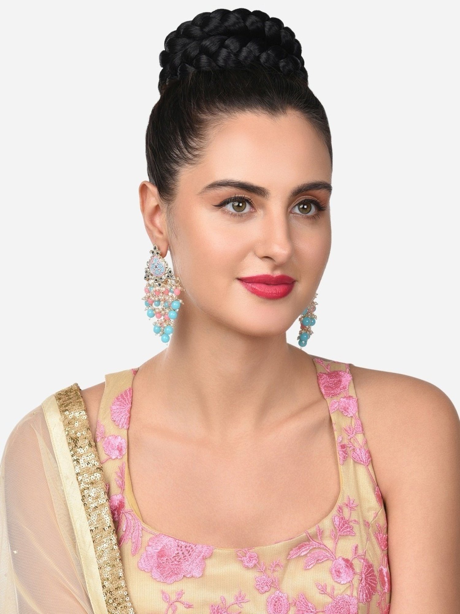 Zaveri Pearls Pink & Turquoise Meenakari Cascading Waterfall Beads Drop Earring-ZPFK14845