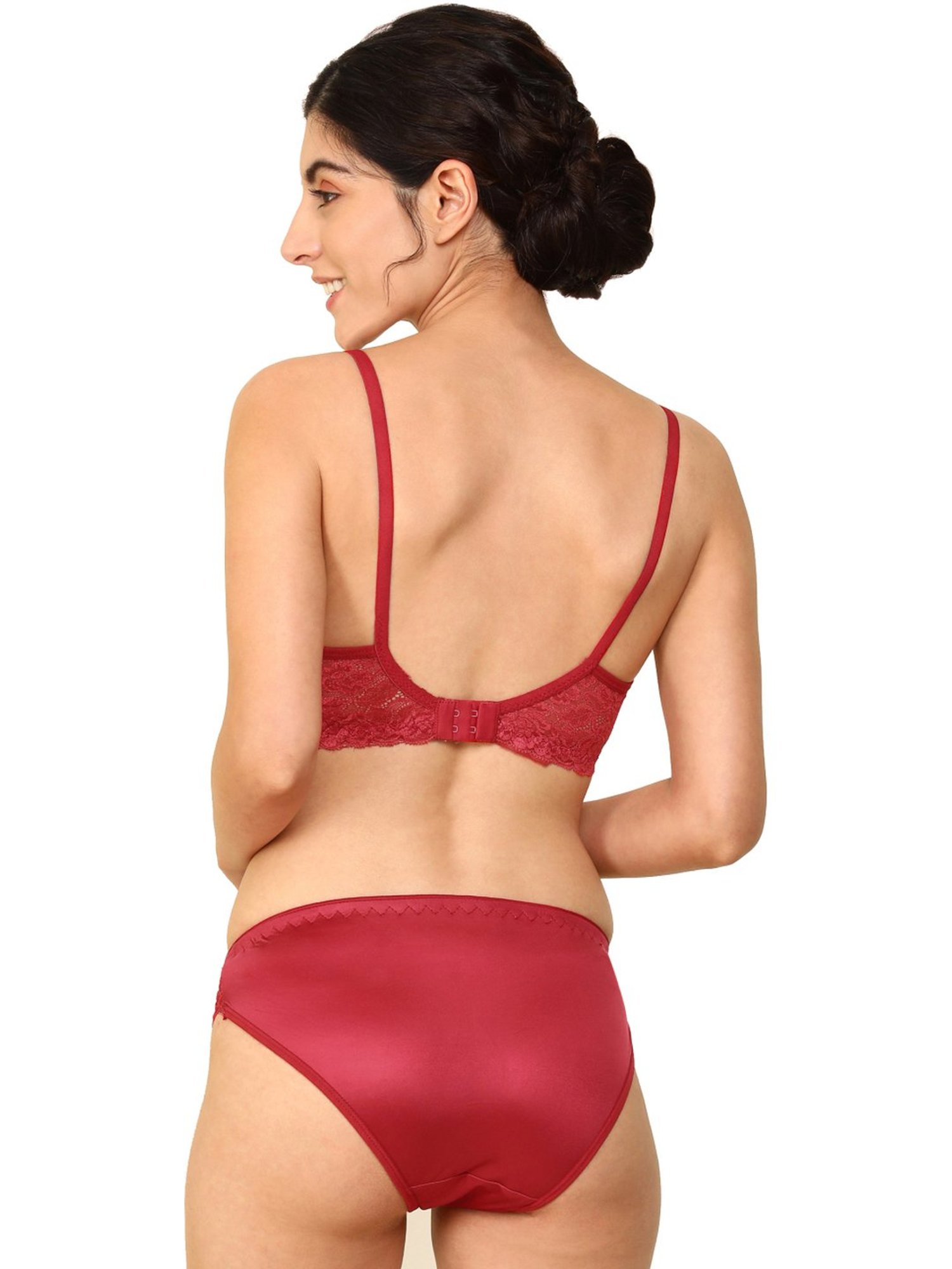 AROUSY Red Cotton Self Pattern Bra Panty Set