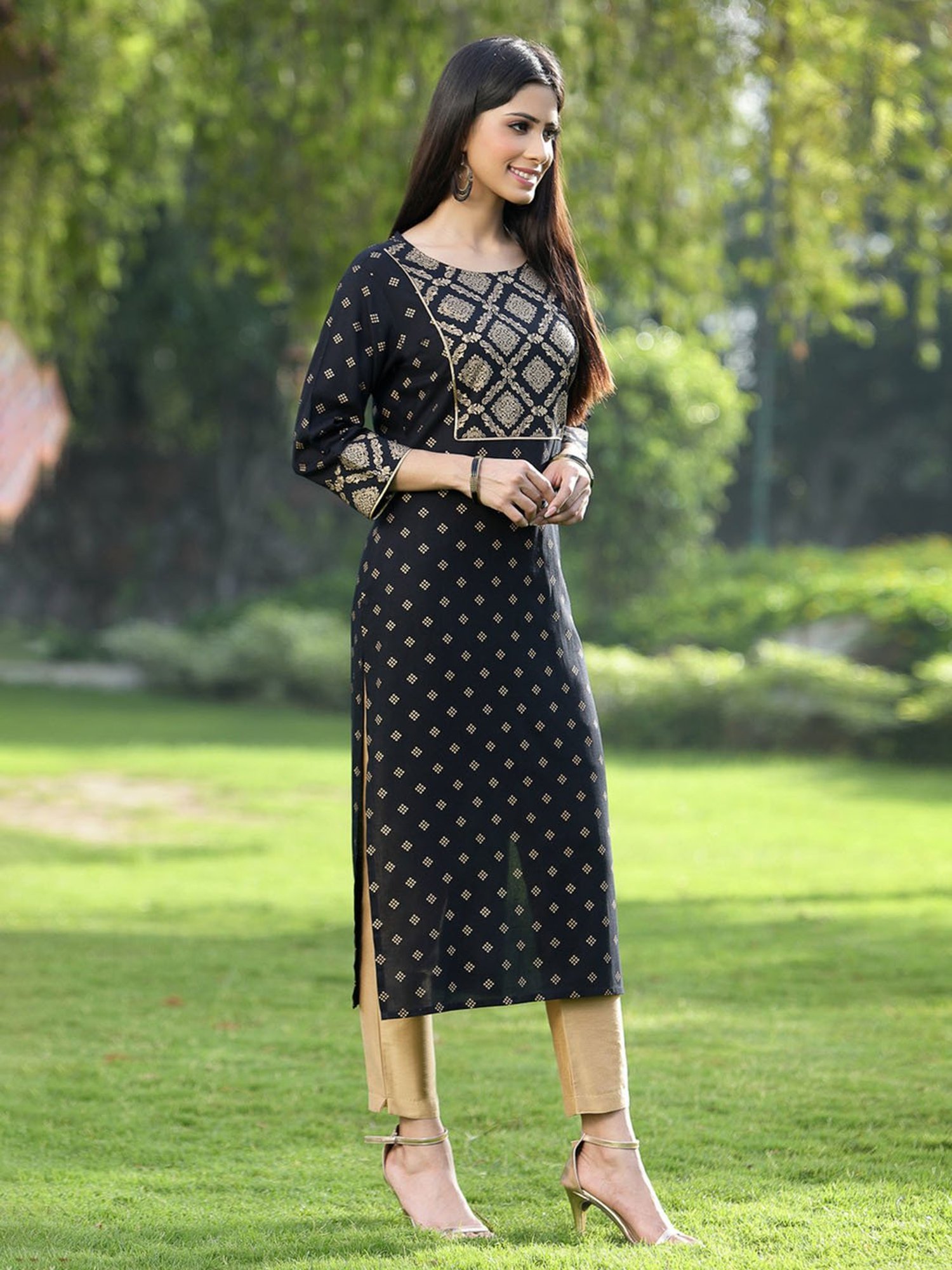 Juniper Black Ethnic Motif Printed Rayon Straight Kurta