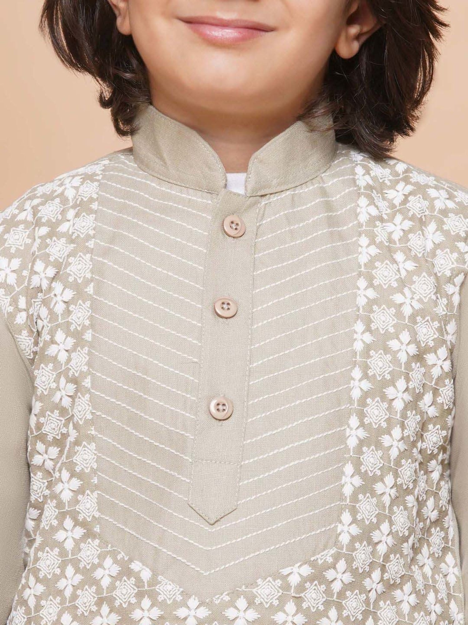 AJ Dezines Kids Pista Green Cotton Embroidered Full Sleeves Kurta Set