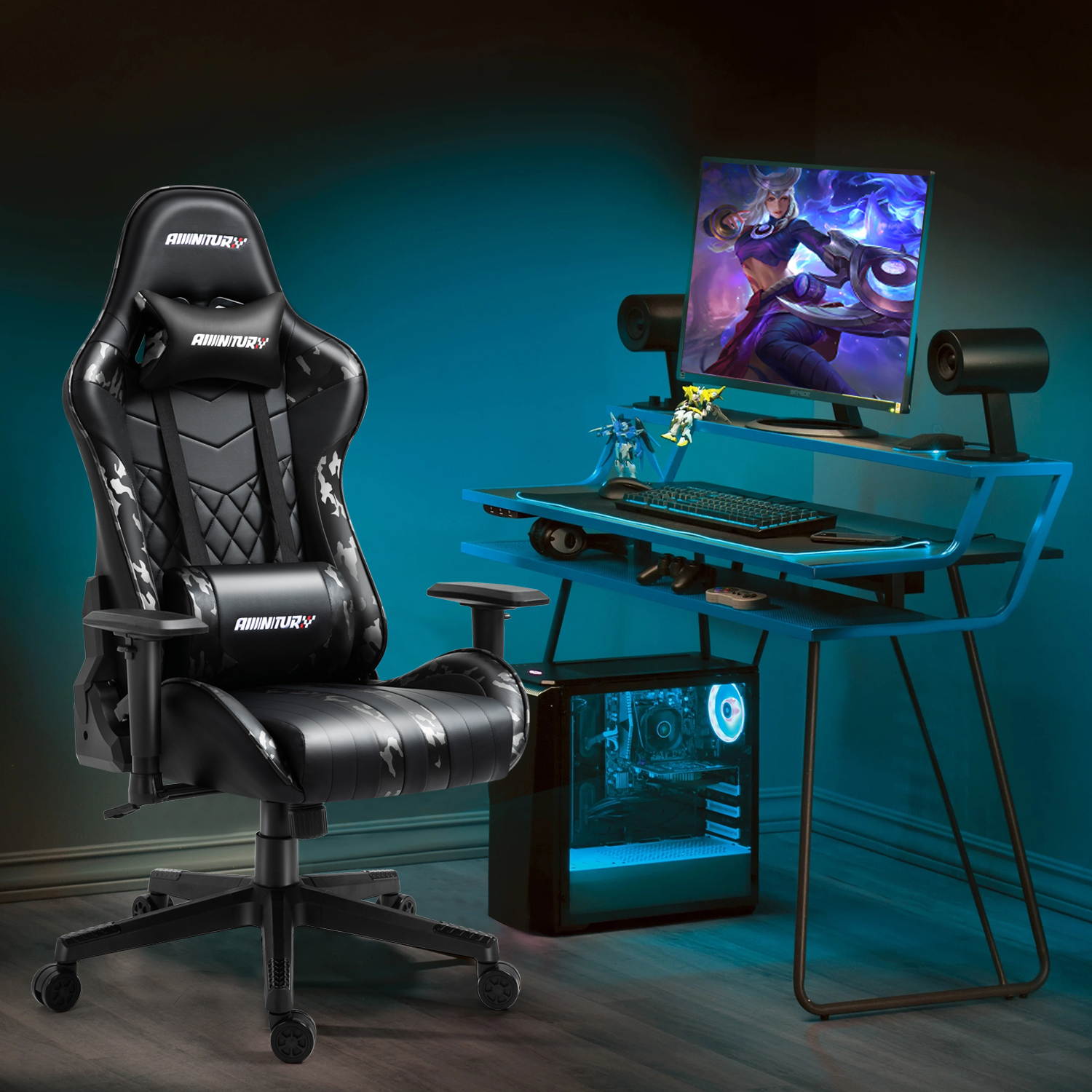 AMINITURE Gaming Chair Racing Style Ergonomic Computer Games Chairs Adjustable Armrest High Back PC Office Desk Chair Swivel Task Chair